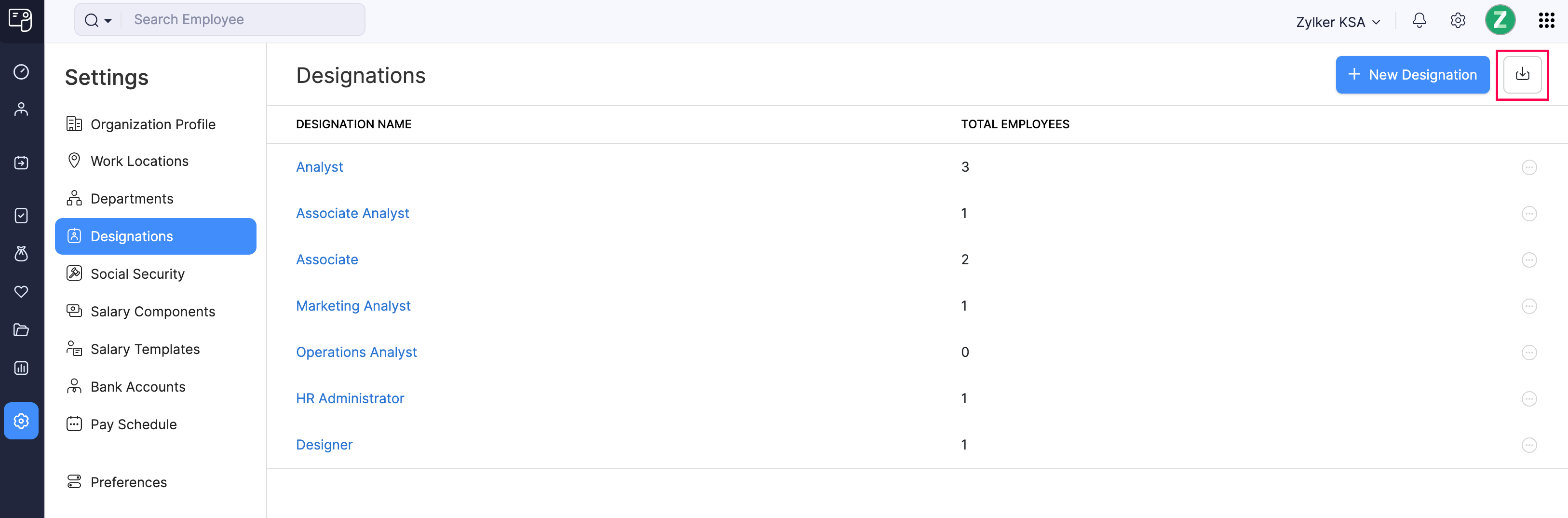 Import Button to Import Employee Designations in Zoho Payroll