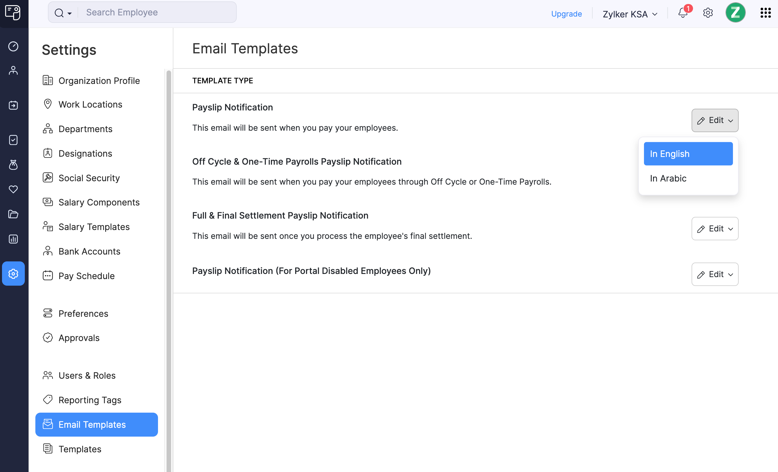 Edit Email Templates in Zoho Payroll