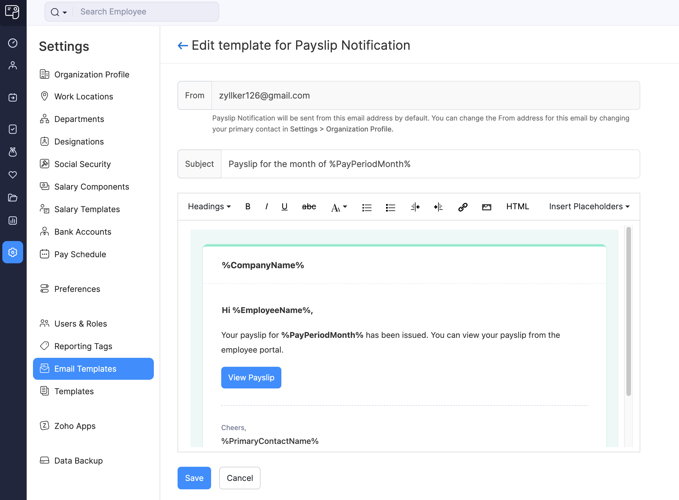 Edit and Save Email Template in Zoho Payroll