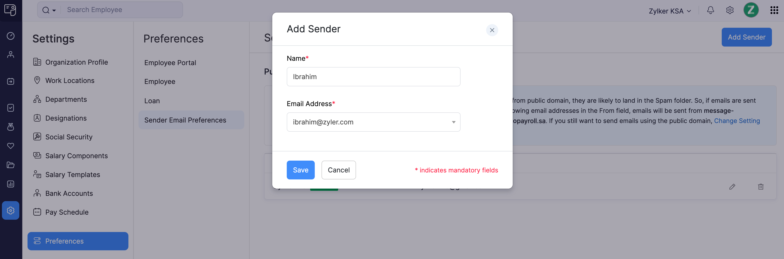 Add Sender Email in Zoho Payroll