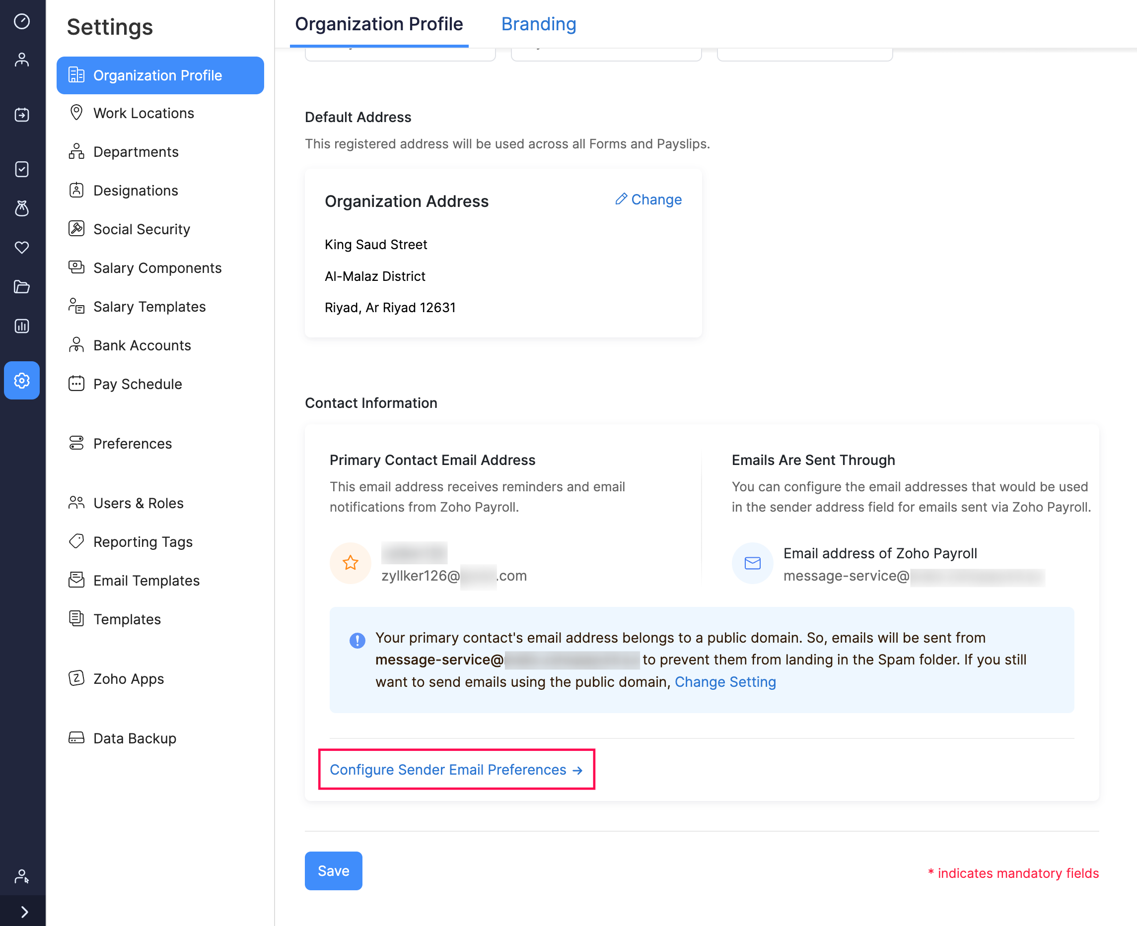 Configure Sender Email Preferences Button in Zoho Payroll Settings