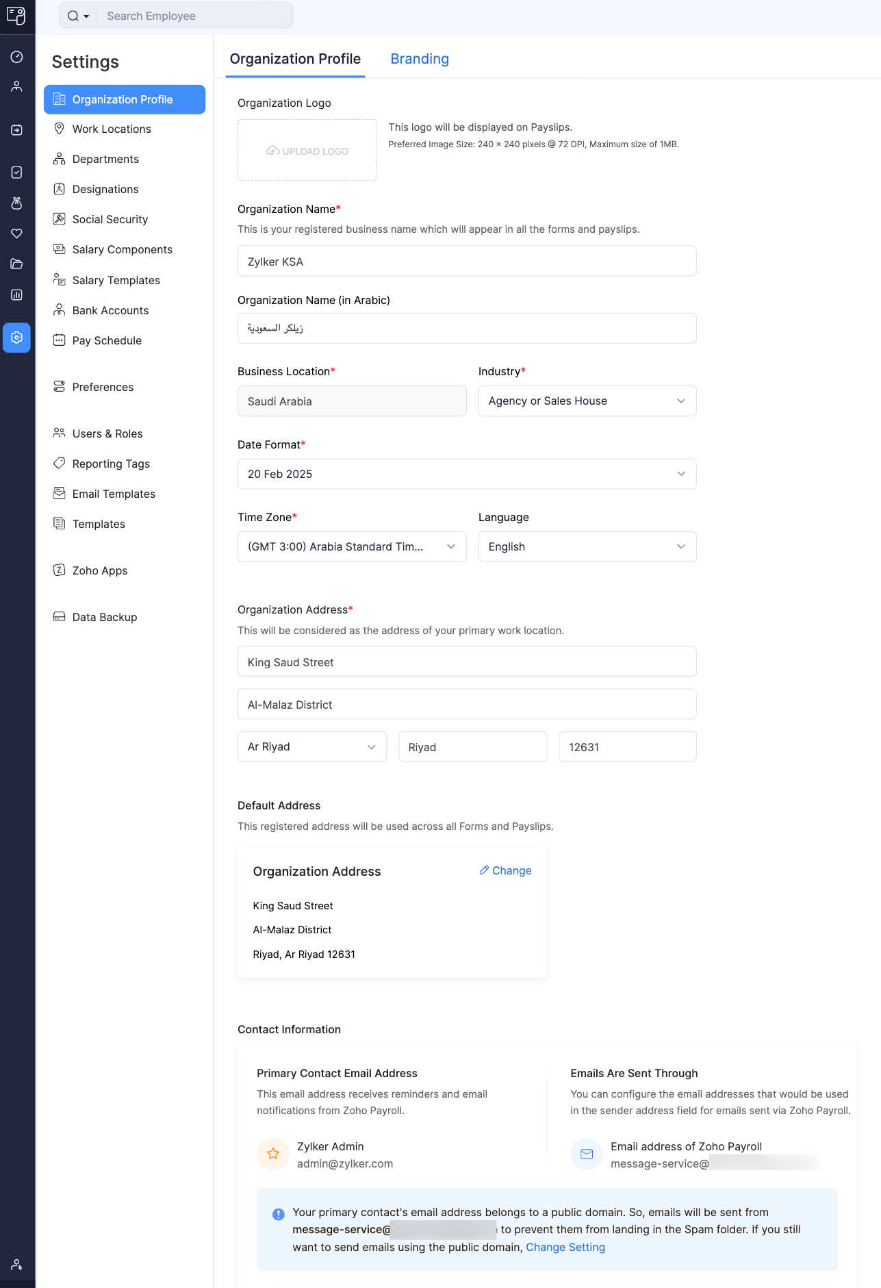 Organization Profile section in Zoho Payroll Settings