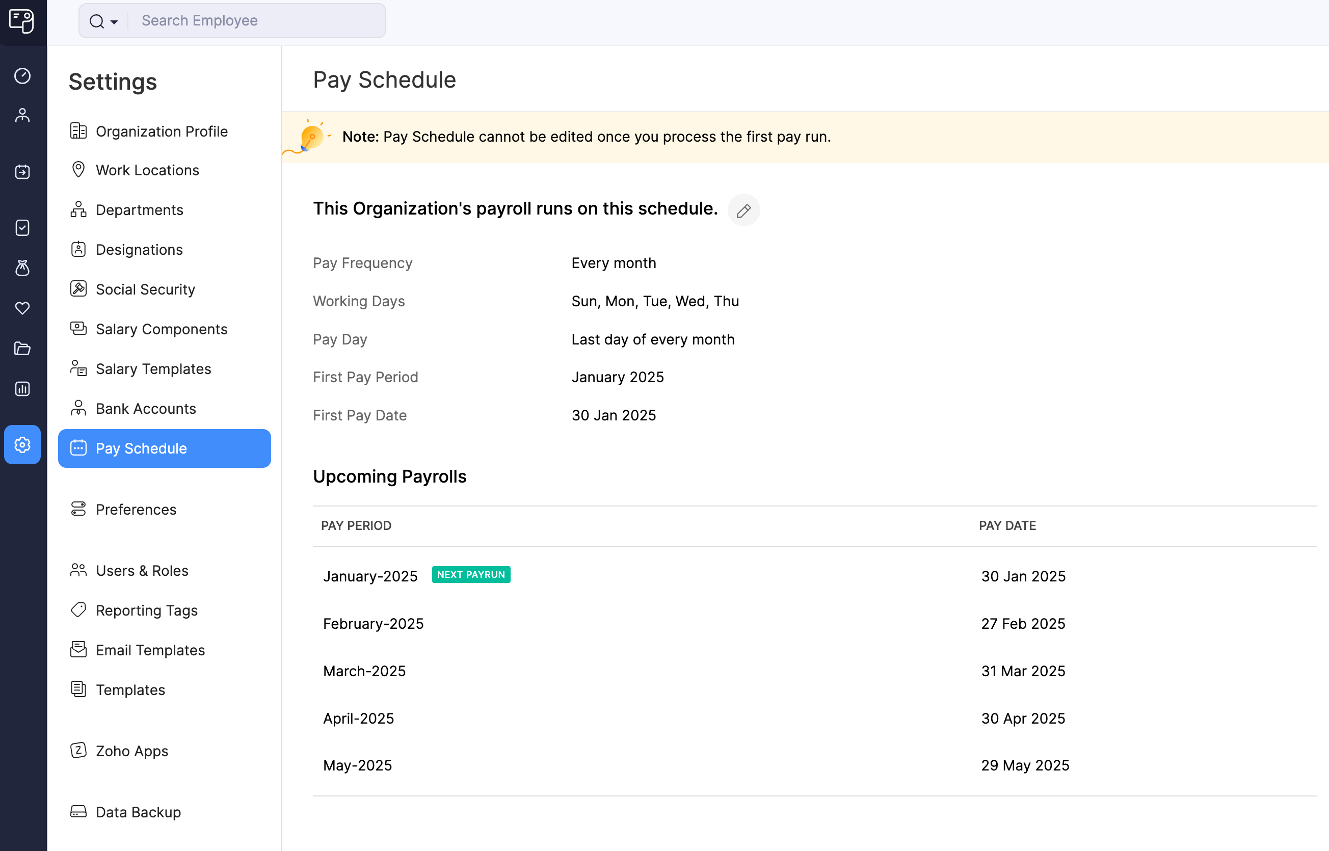 Configure Pay Schedule in Zoho Payroll