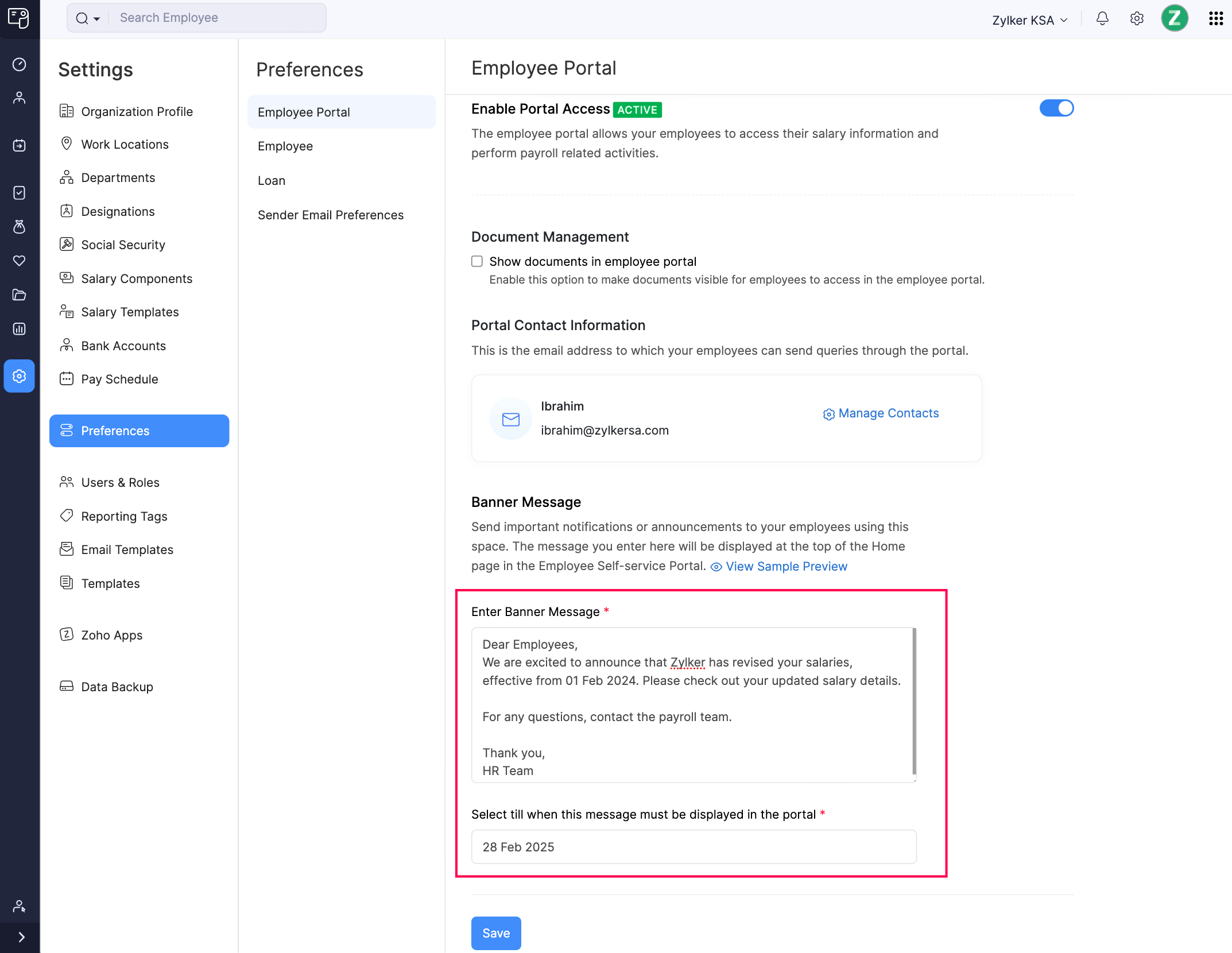 Banner Message to be Dispalyed in Zoho Payroll’s Employee Portal