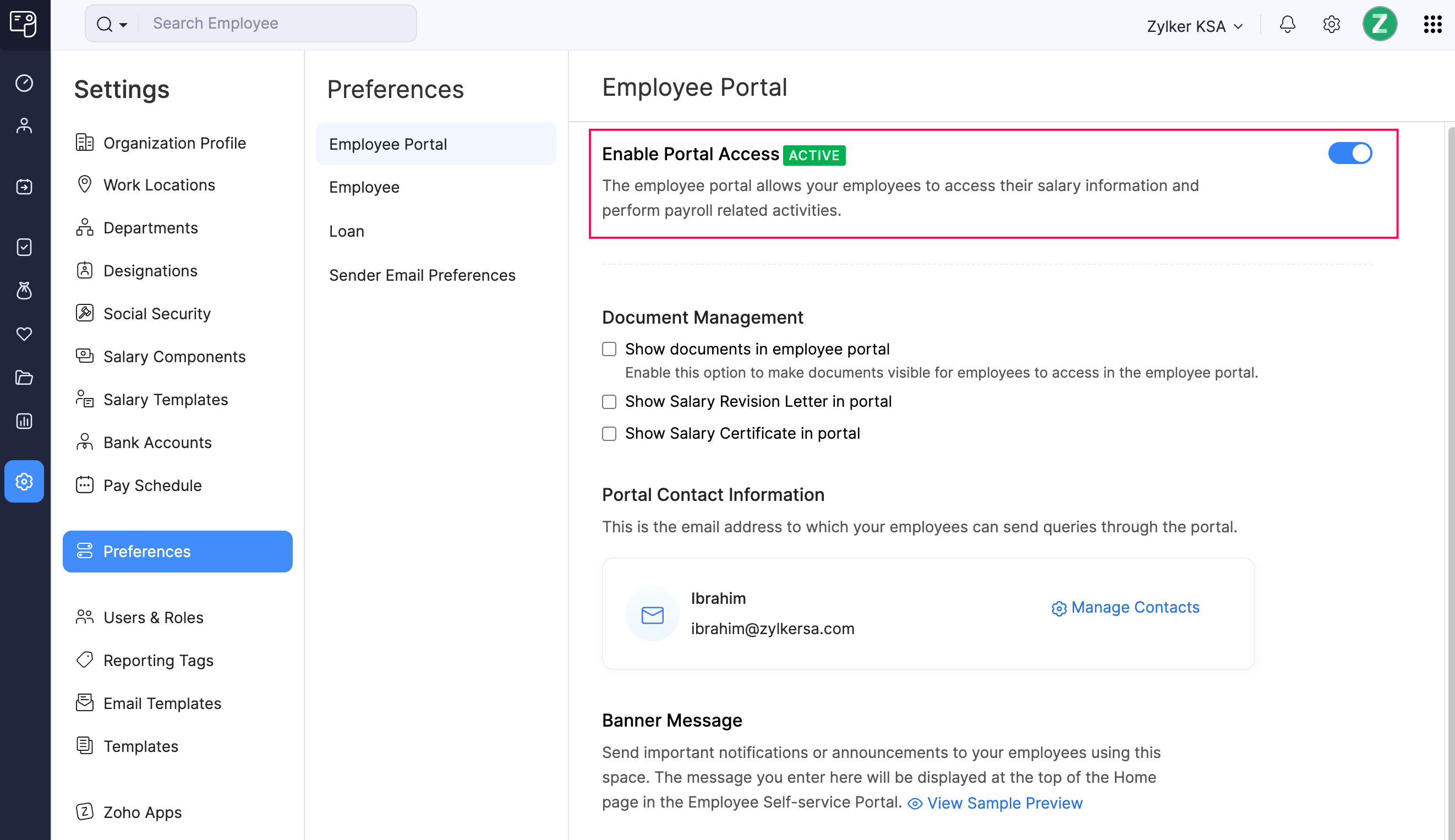 Employee Portal Preferences in Zoho Payroll