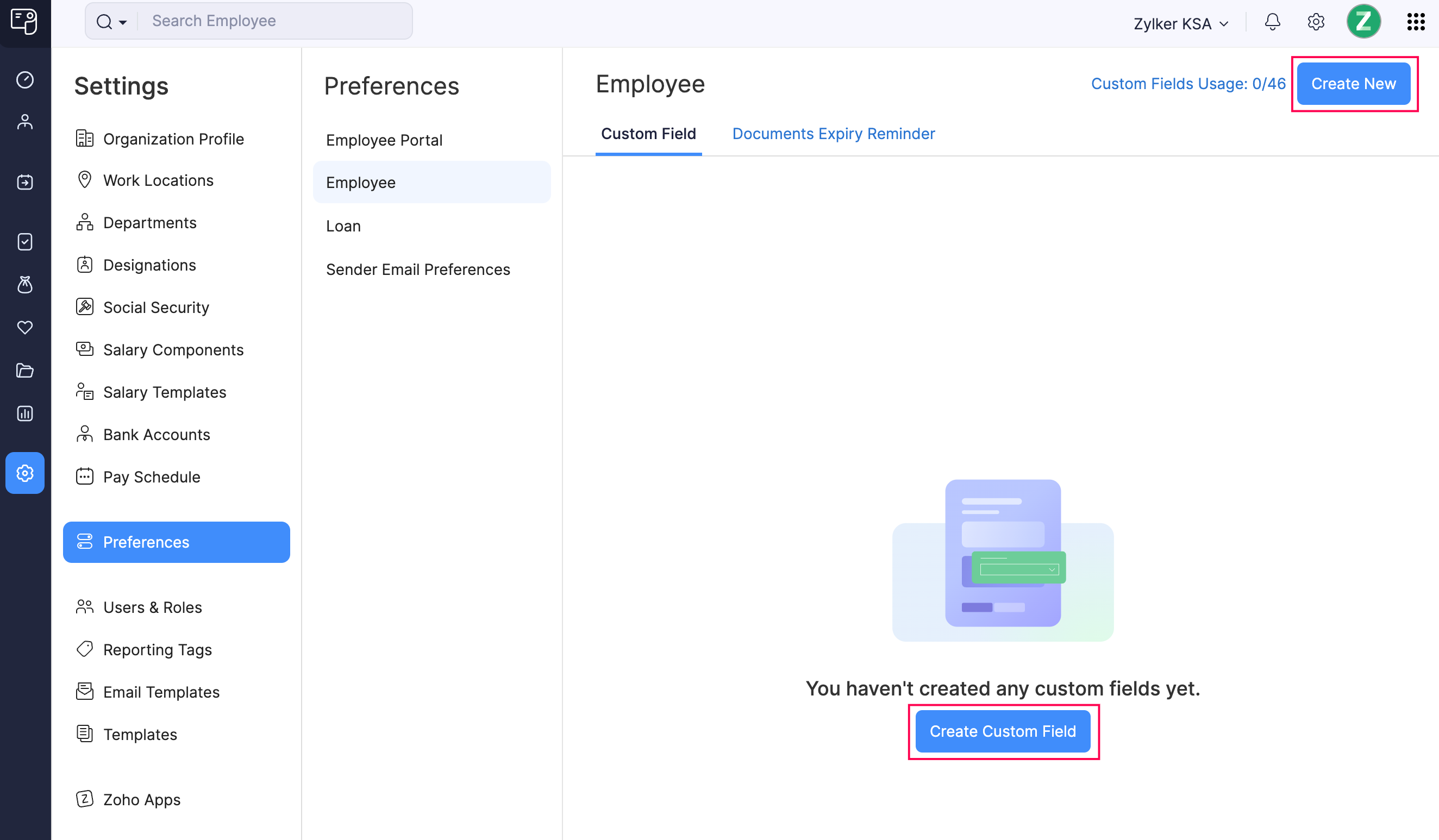 Create Custom Field Button in Zoho Payroll