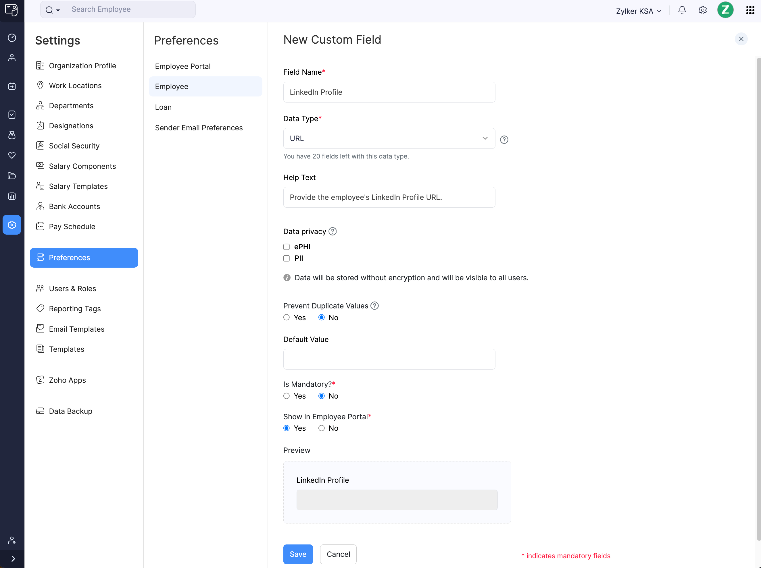 Custom Field for Employees in Zoho Payroll