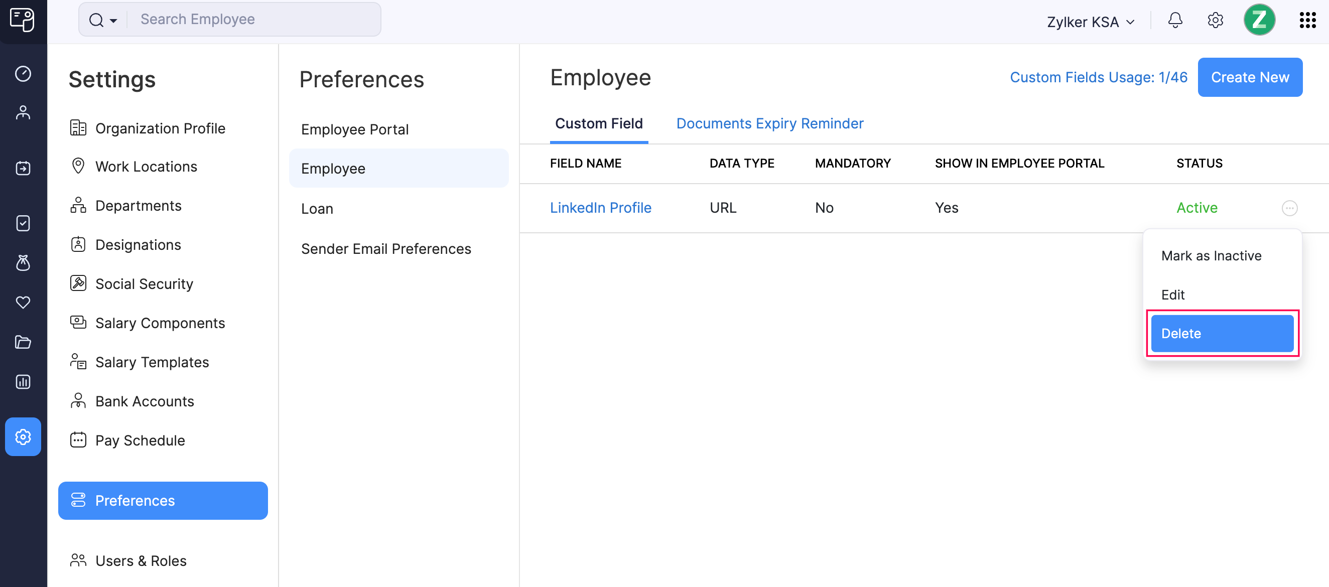 Delete a Custom Field in Zoho Payroll