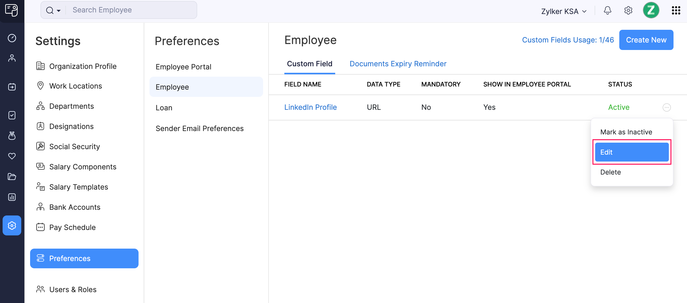 Edit Custom Field in Zoho Payroll