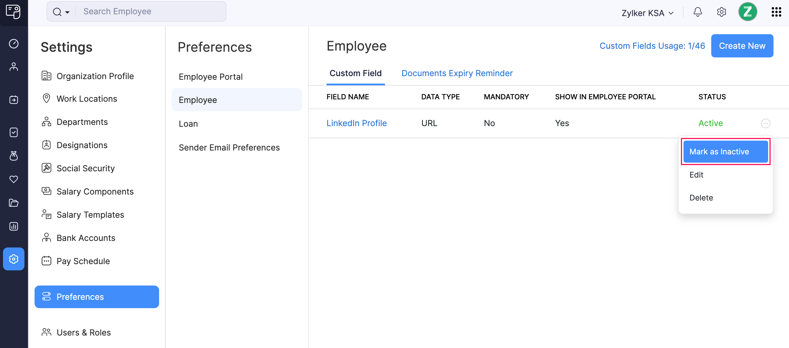 Mark a Custom Field as Inactive in Zoho Payroll