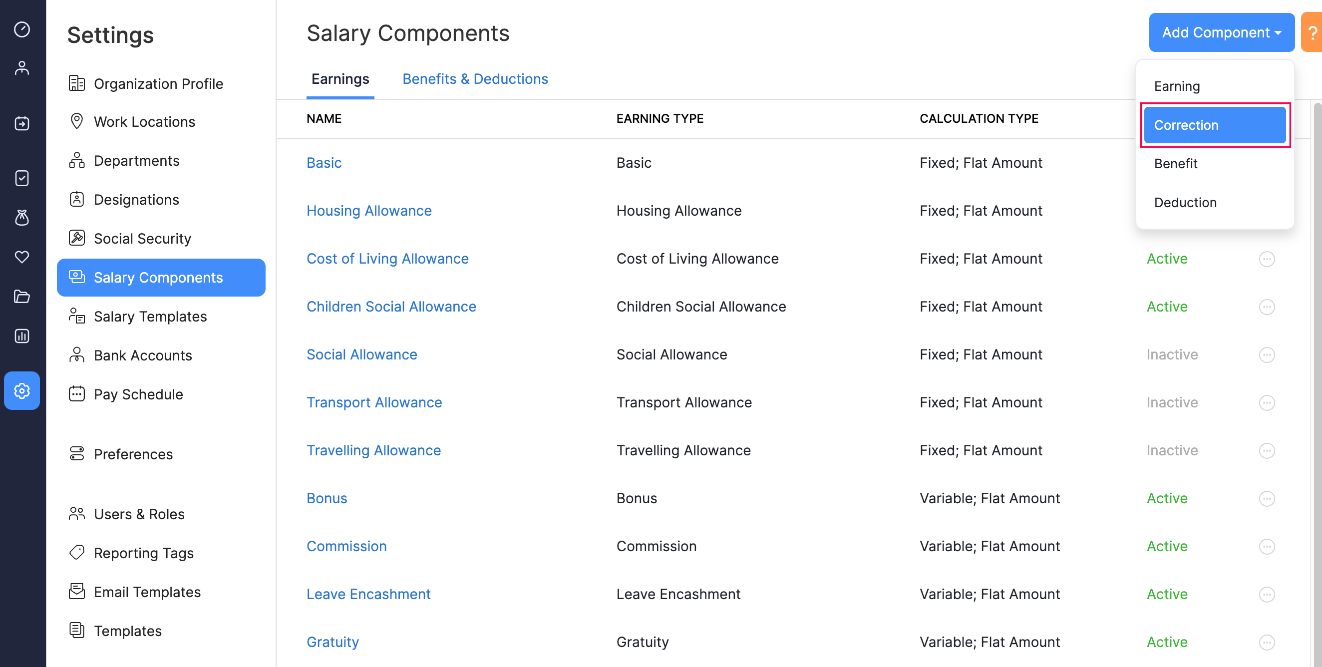 Add Correction Button in Zoho Payroll’s Salary Component Page