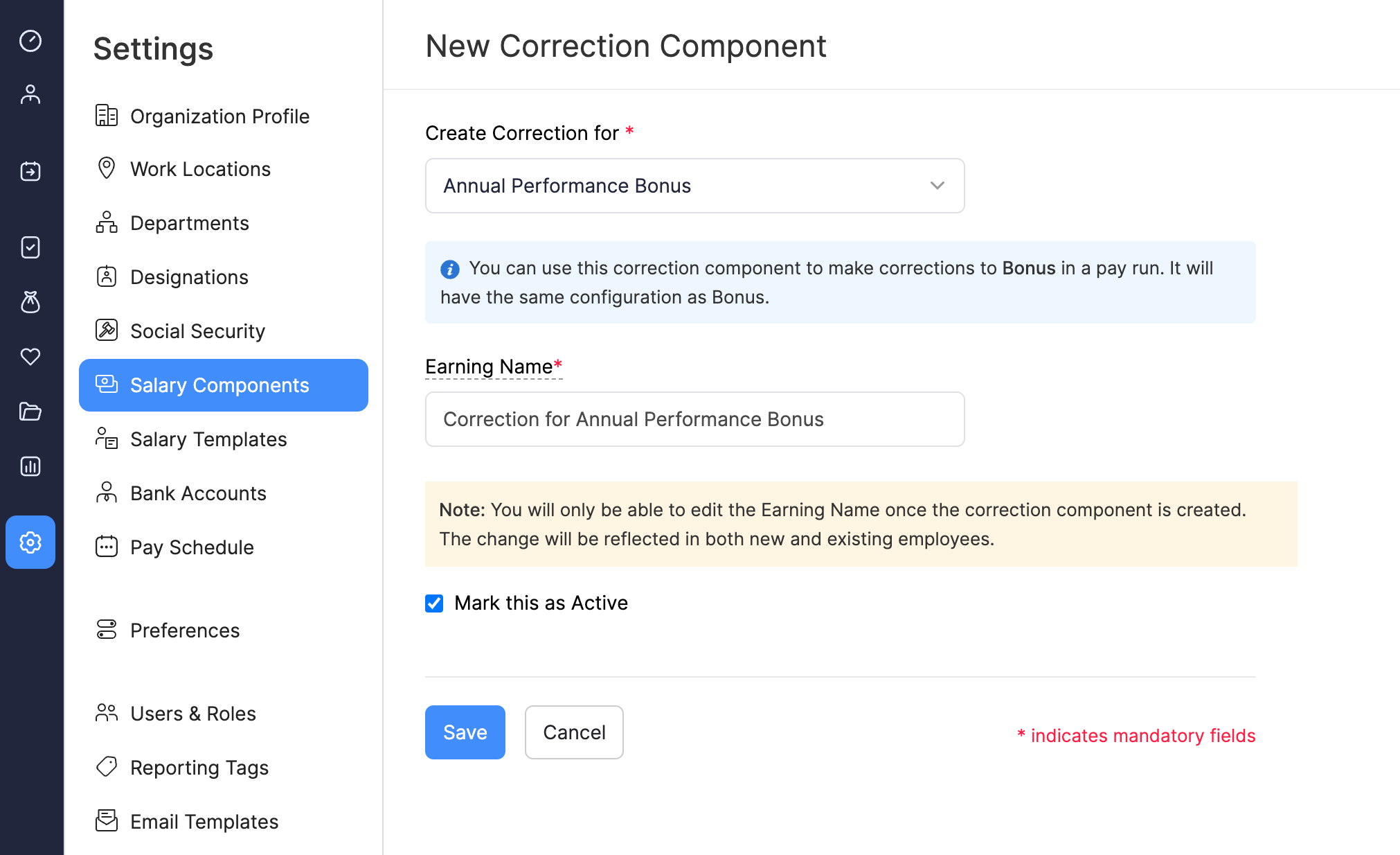 Add Correction Details in Zoho Payroll’s Salary Component Page