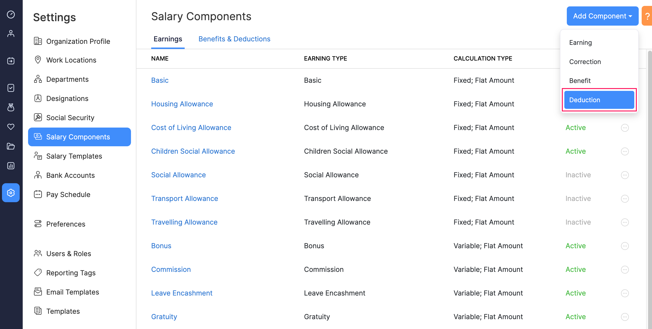 Add Deduction Button in Zoho Payroll’s Salary Component Page