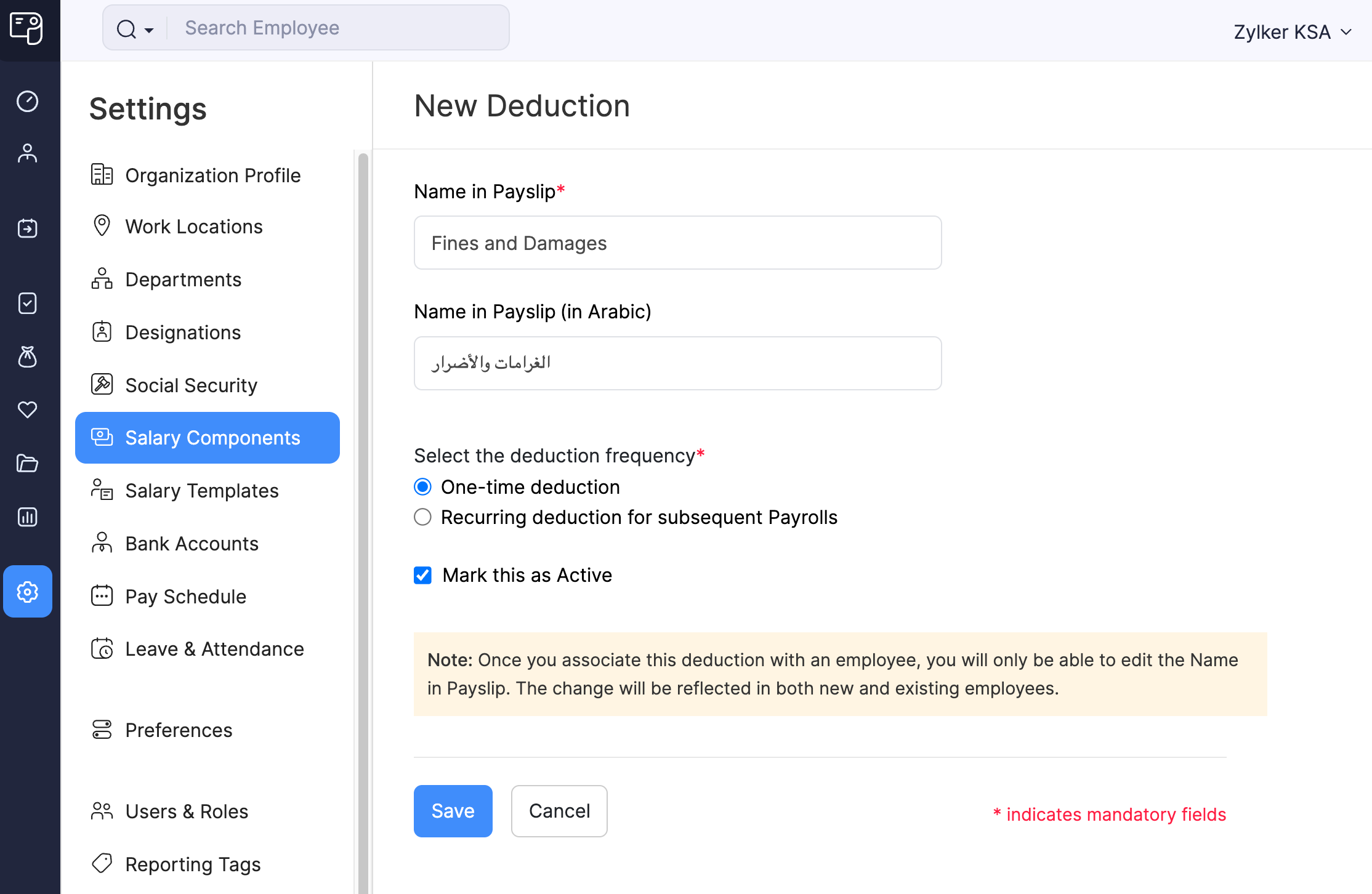 Add Deduction Details in Zoho Payroll’s Salary Component Page