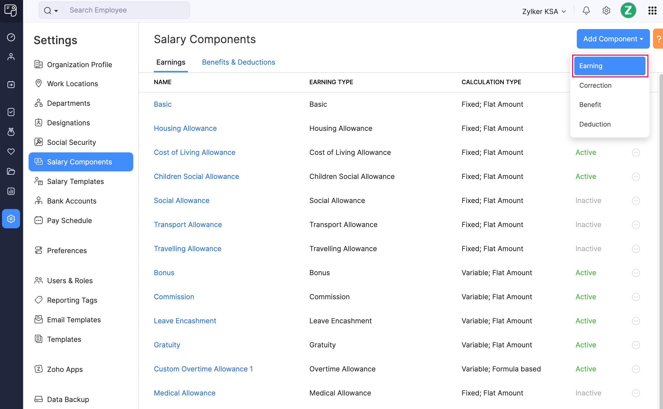 Add Earning Button in Zoho Payroll’s Salary Component Page