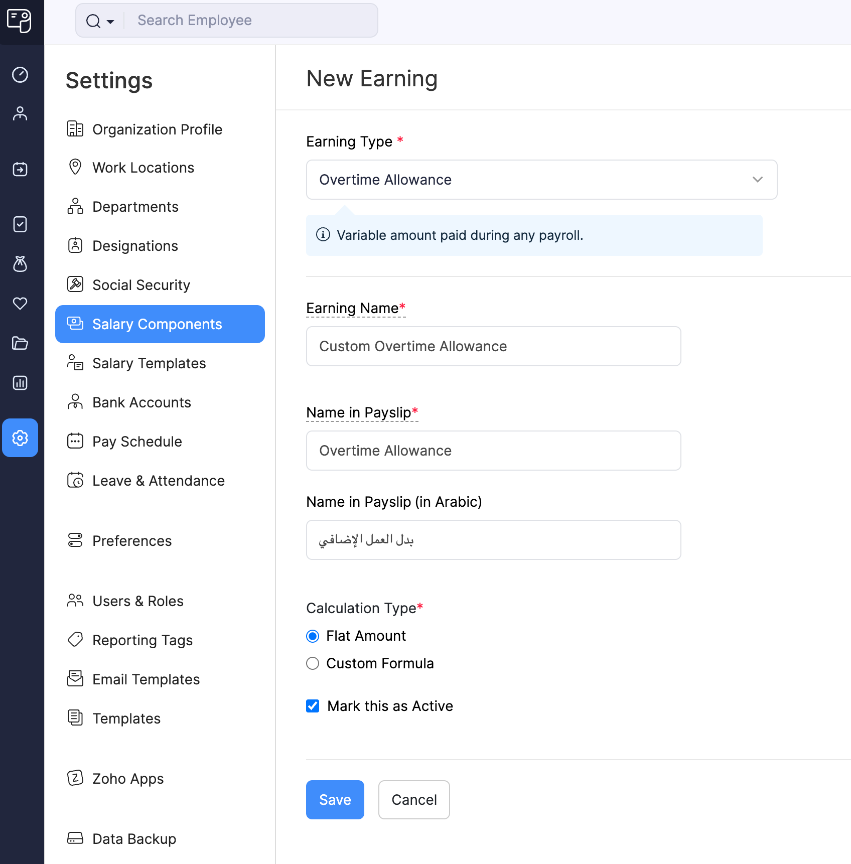 Add Earning Details in Zoho Payroll’s Salary Component Page