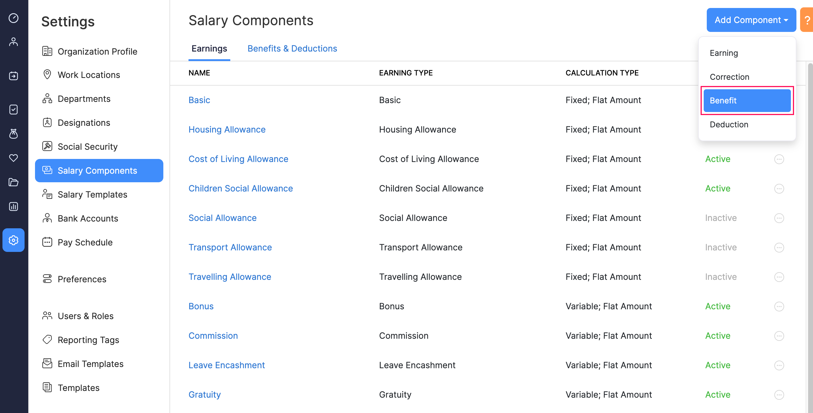 Add Benefit Button in Salary Components