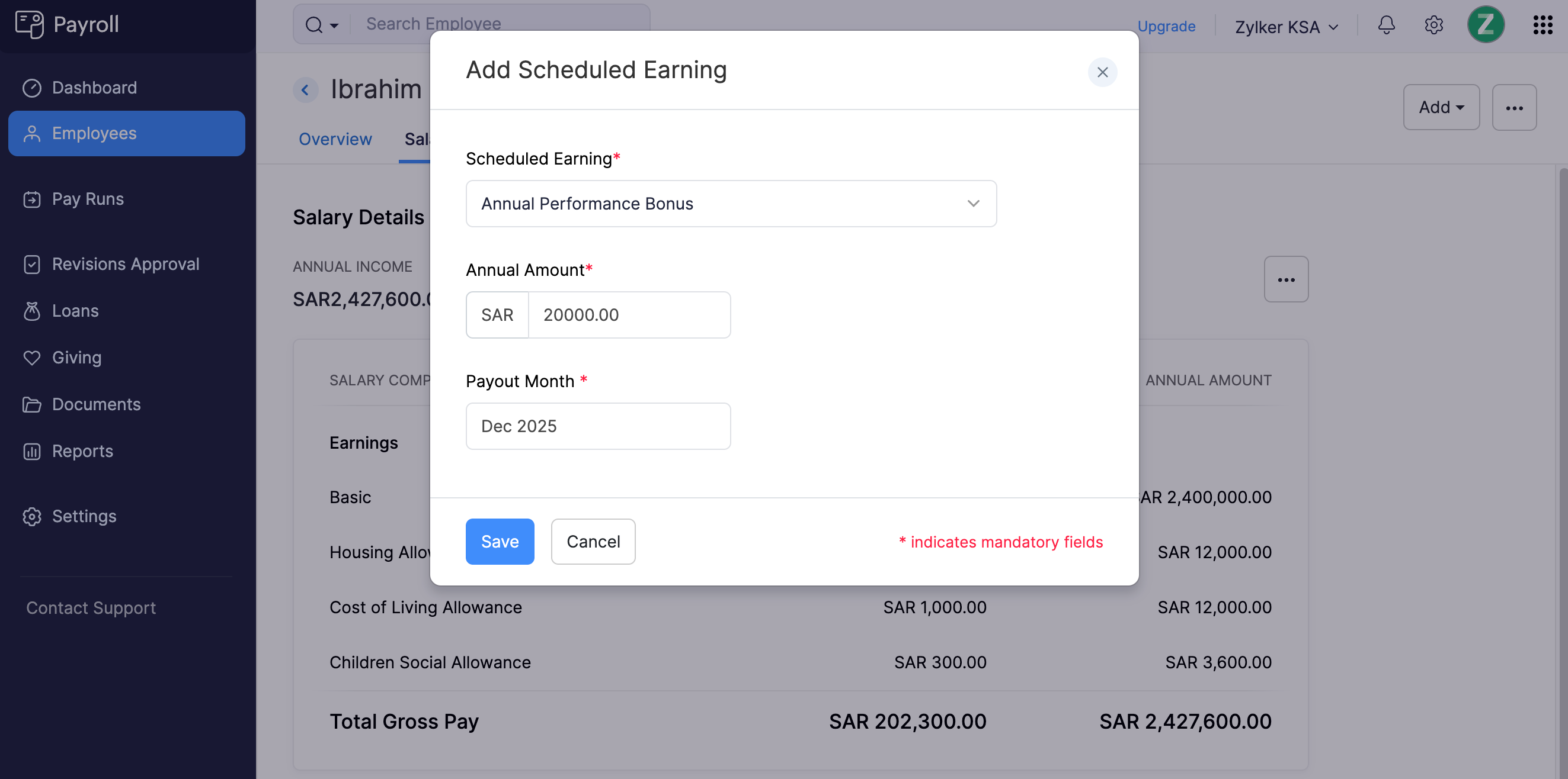 Add Scheduled Earning Details for an Employee