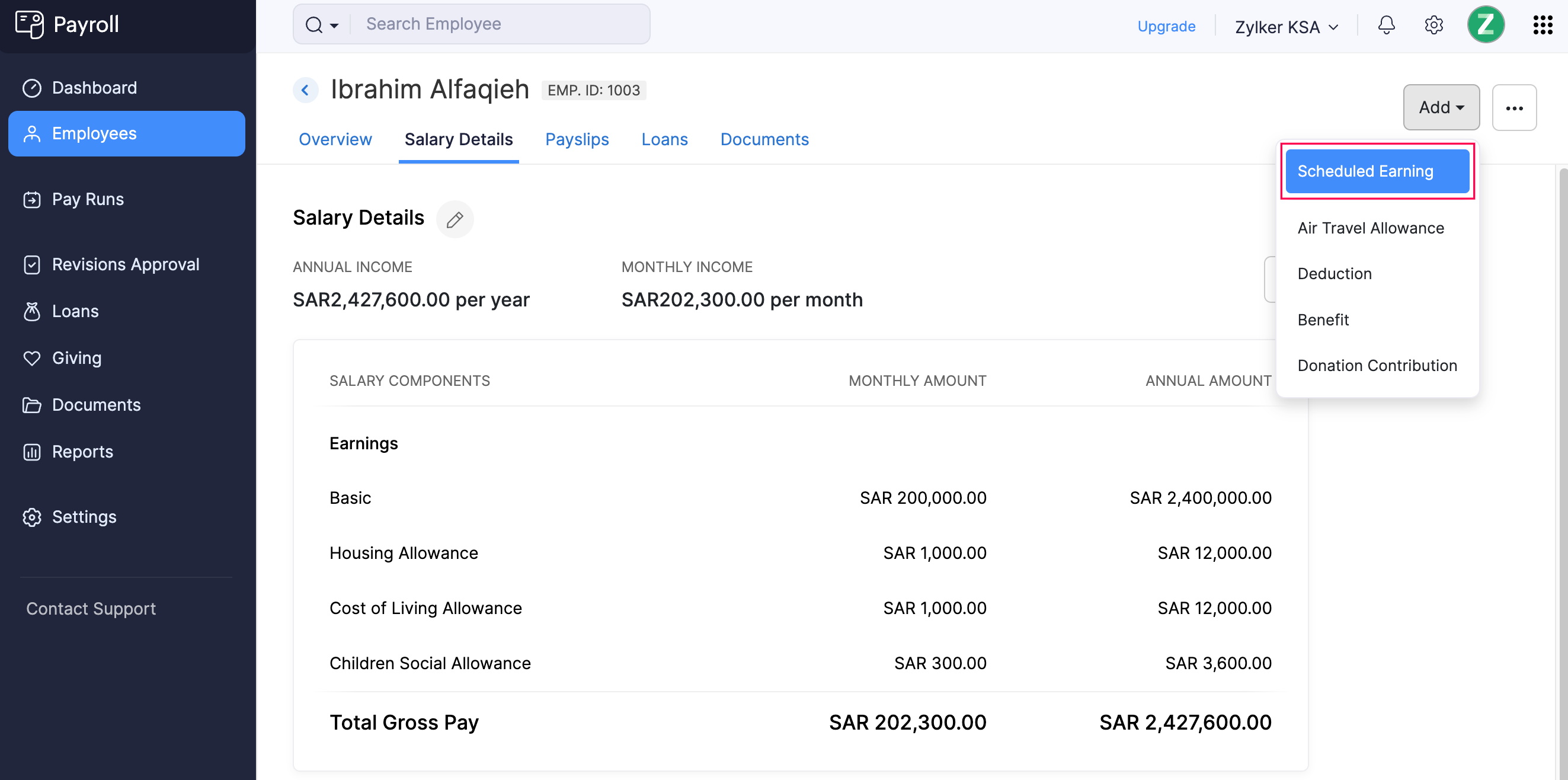 Scheduled Earning Button in Employee Salary Details