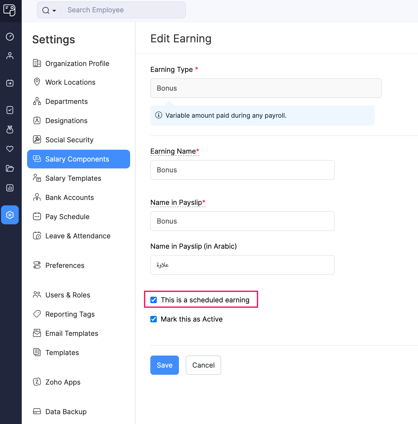 Enable Scheduled Earning for Earnings in Zoho Payroll