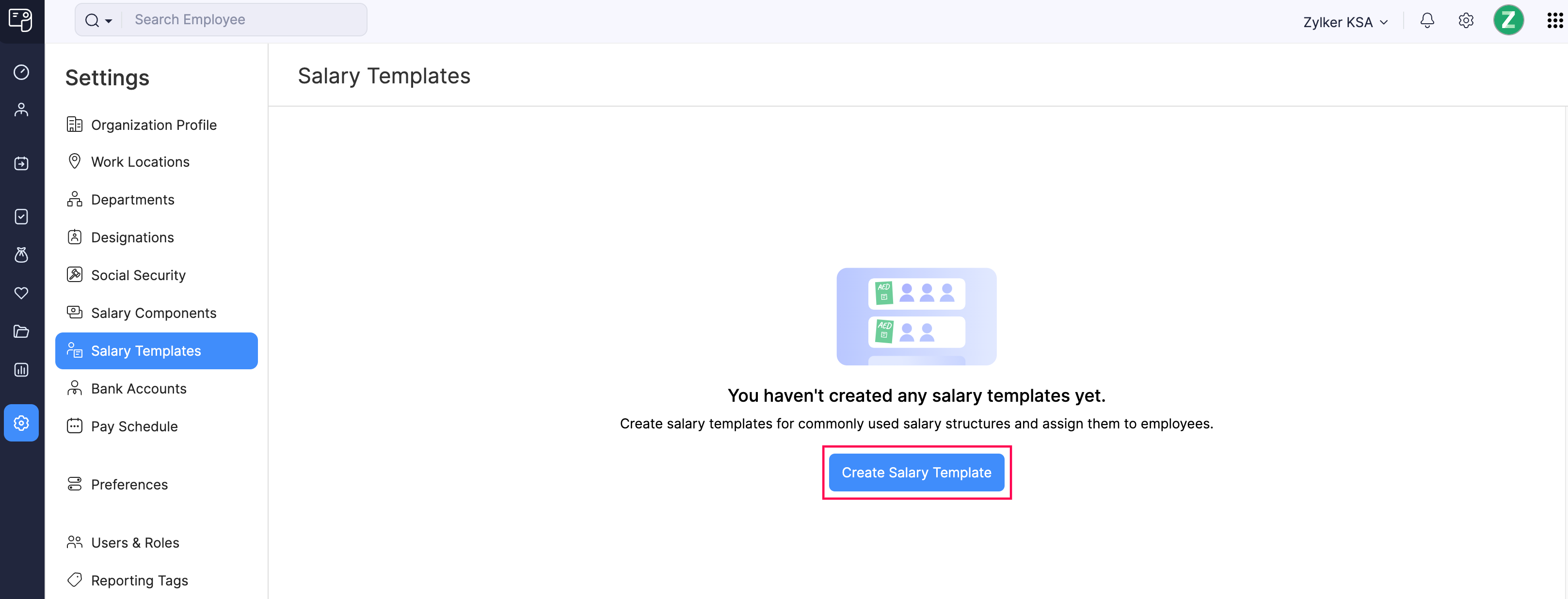 Create Salary Template Button in Zoho Payroll