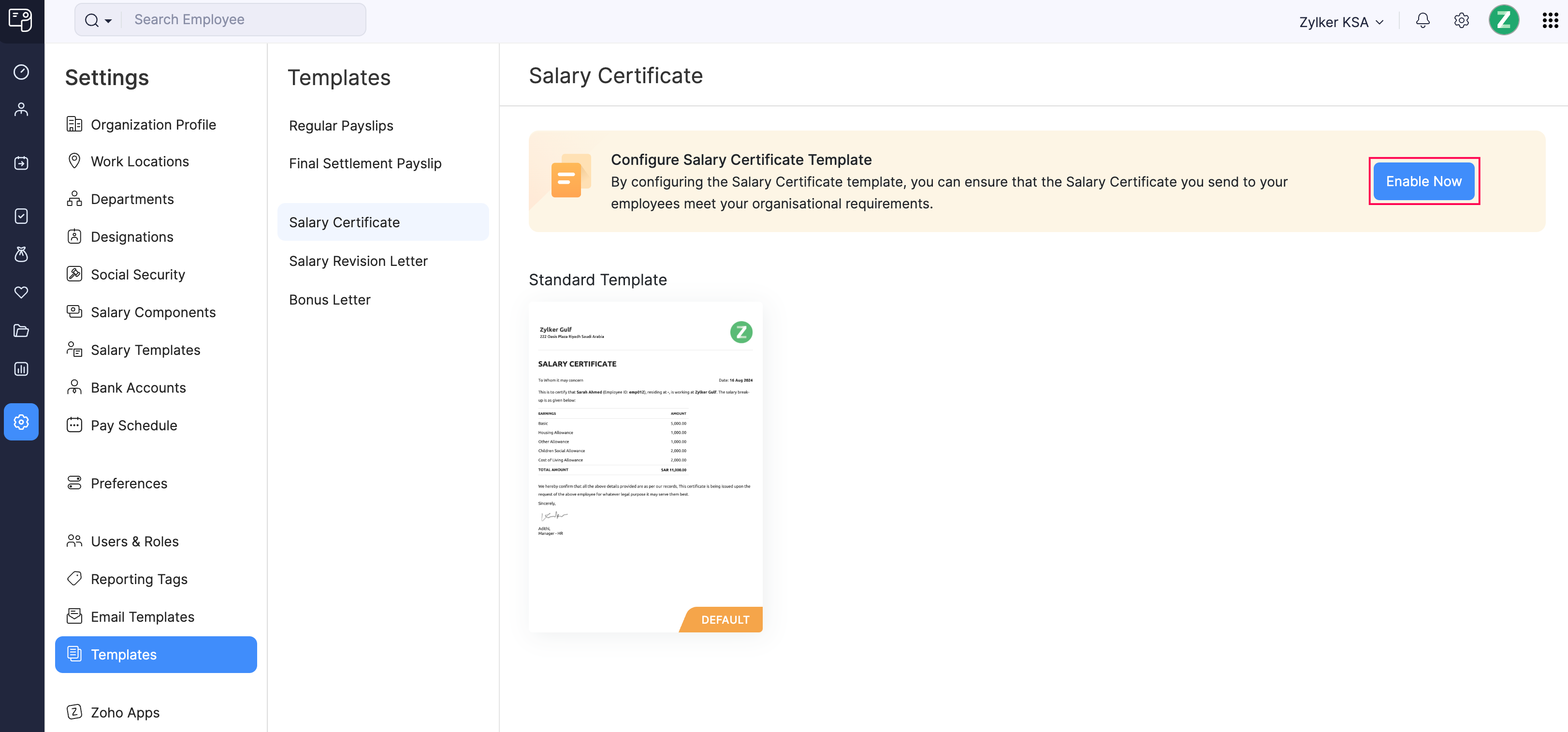 Enable Salary Certificate Template in Zoho Payroll