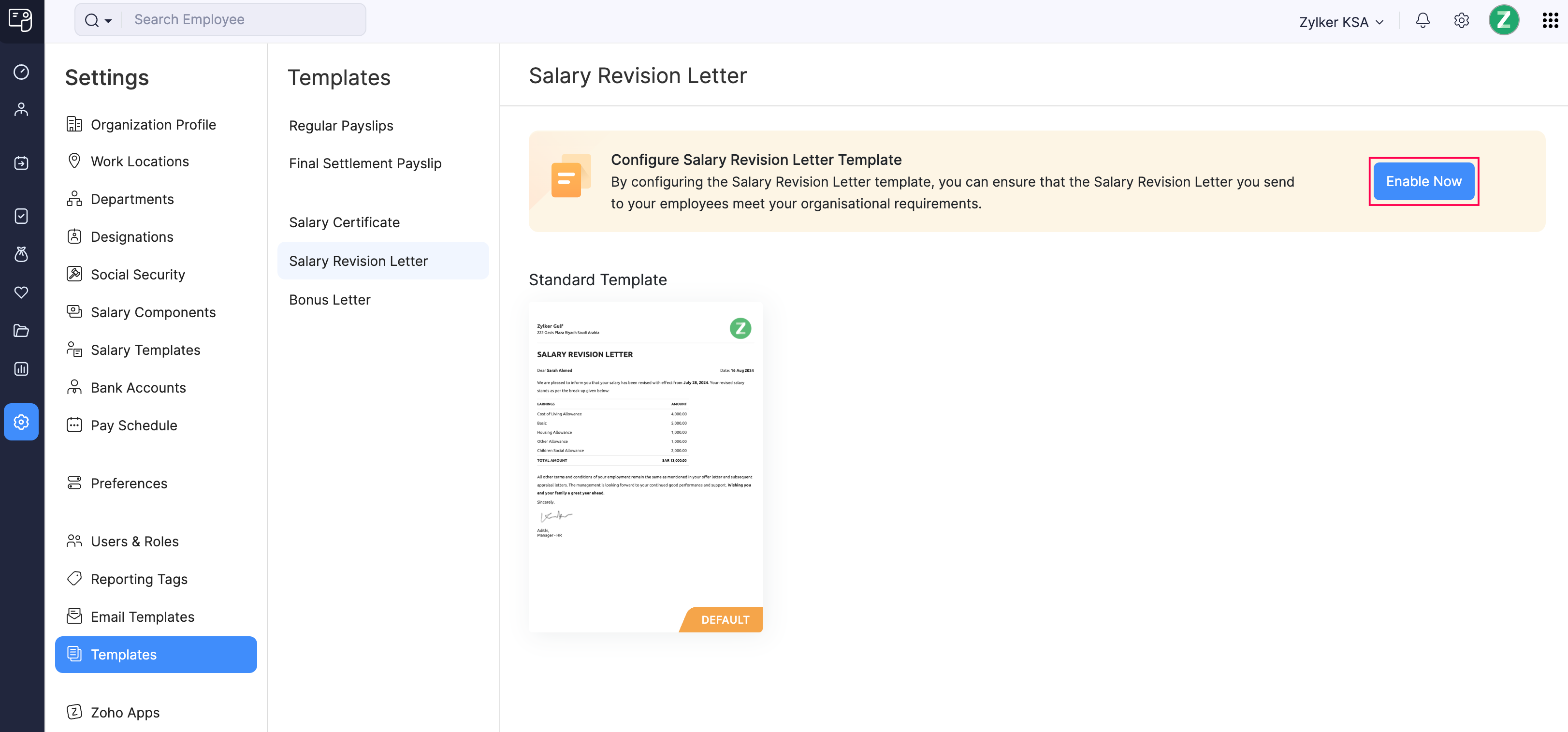 Enable Salary Revision Letter Template in Zoho Payroll