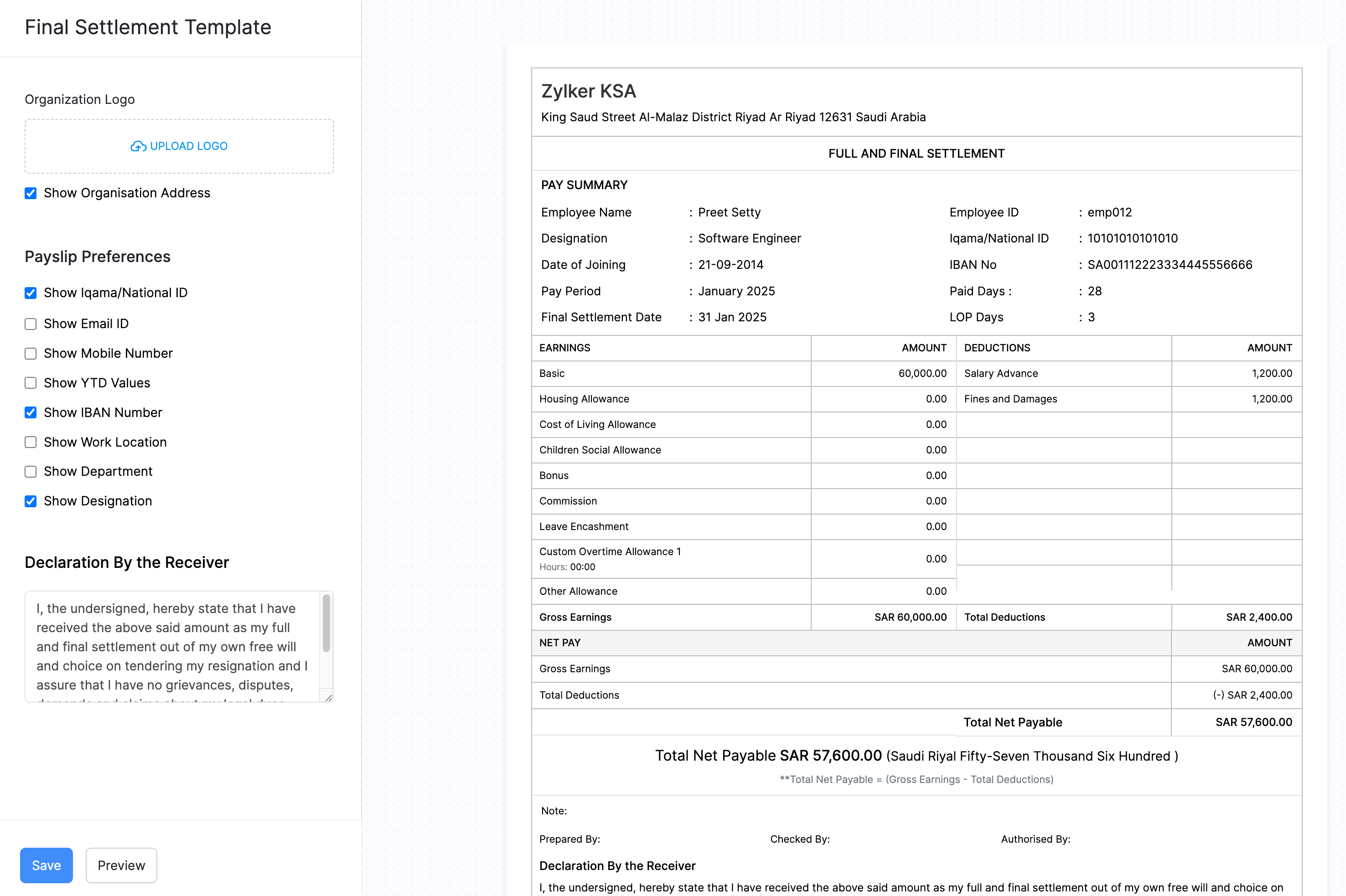 Final Settlement Payslip Template in Zoho Payroll