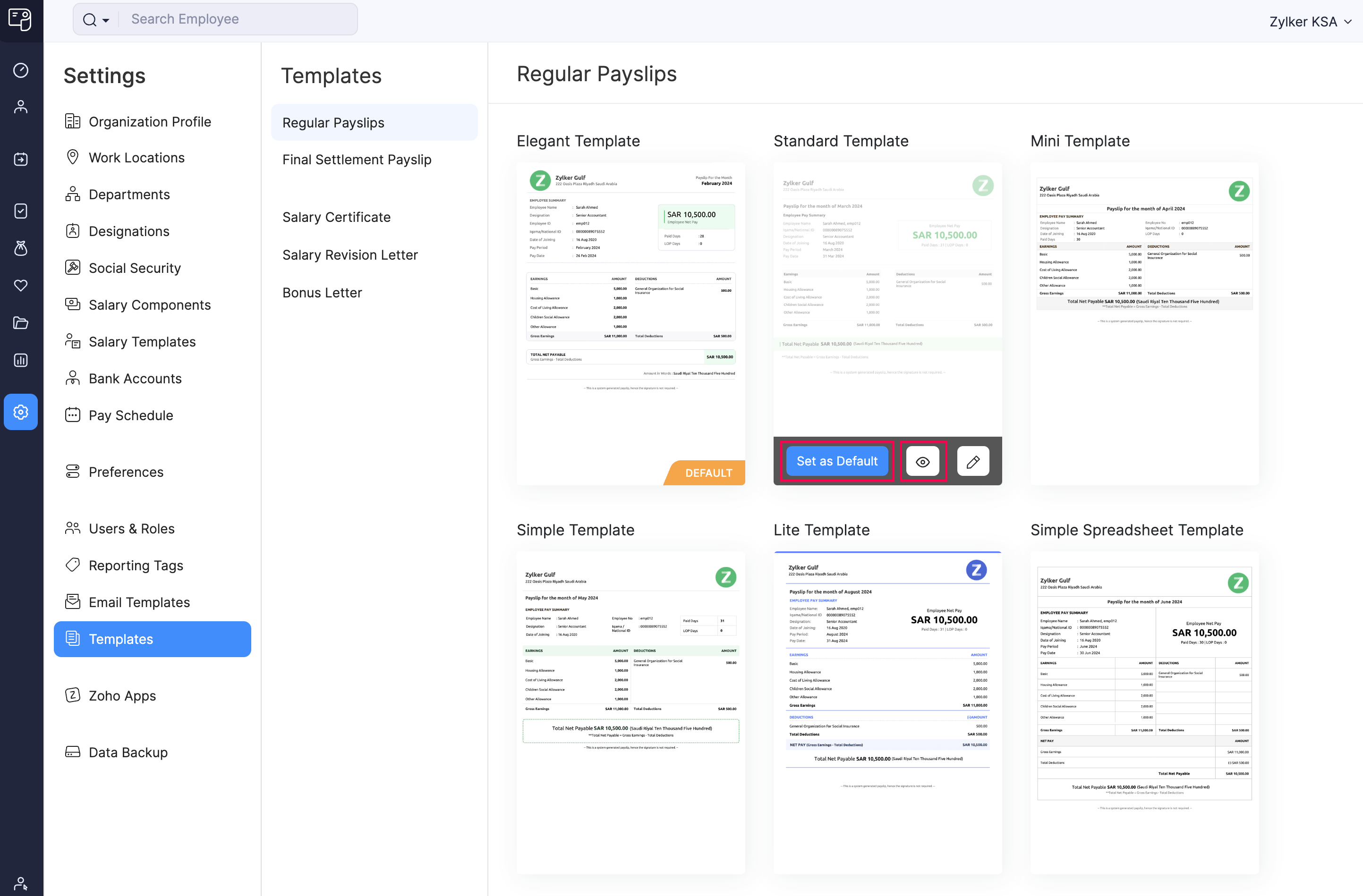 Payslip Template Page in Zoho Payroll