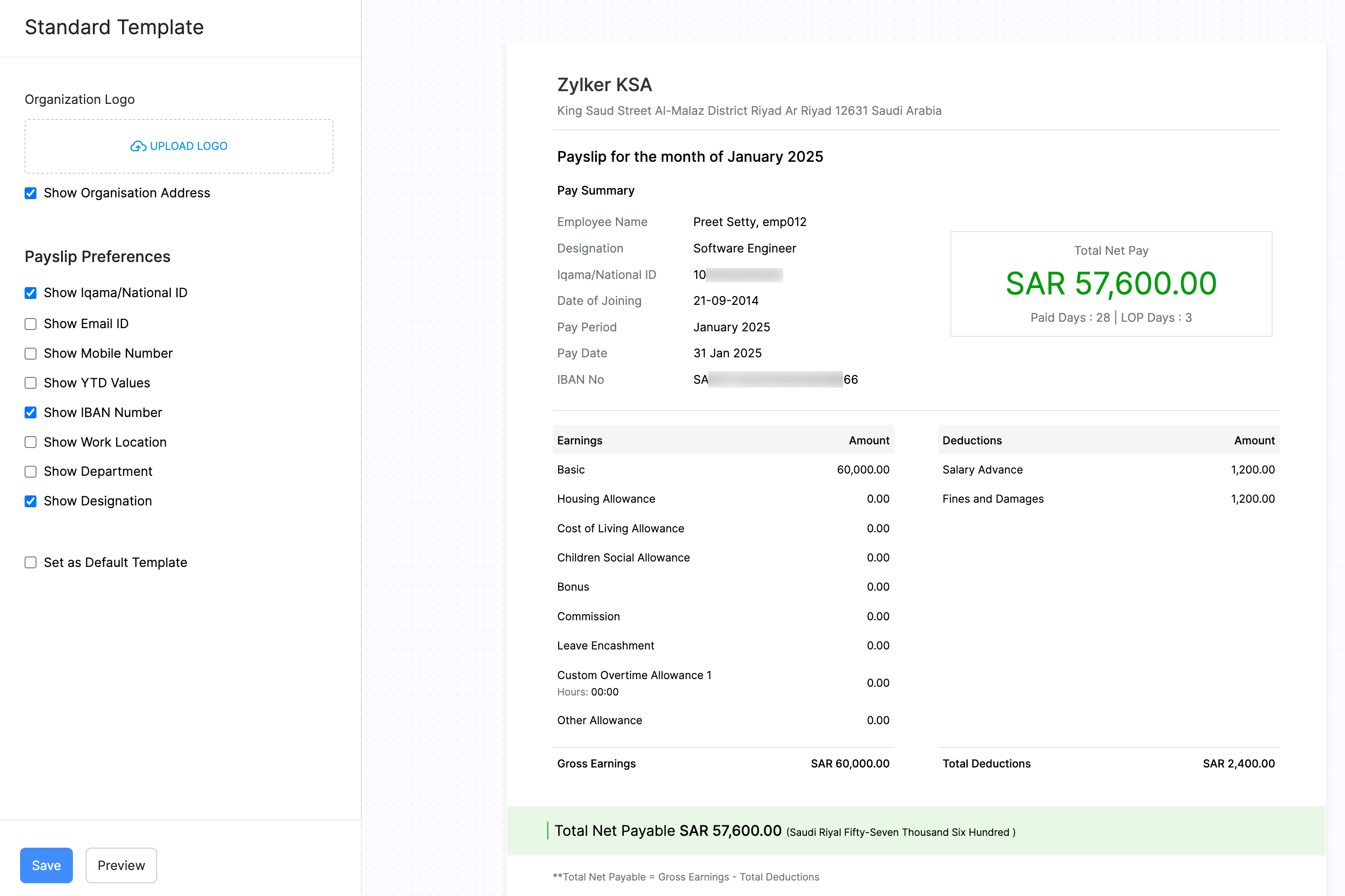 Regular Template in Zoho Payroll