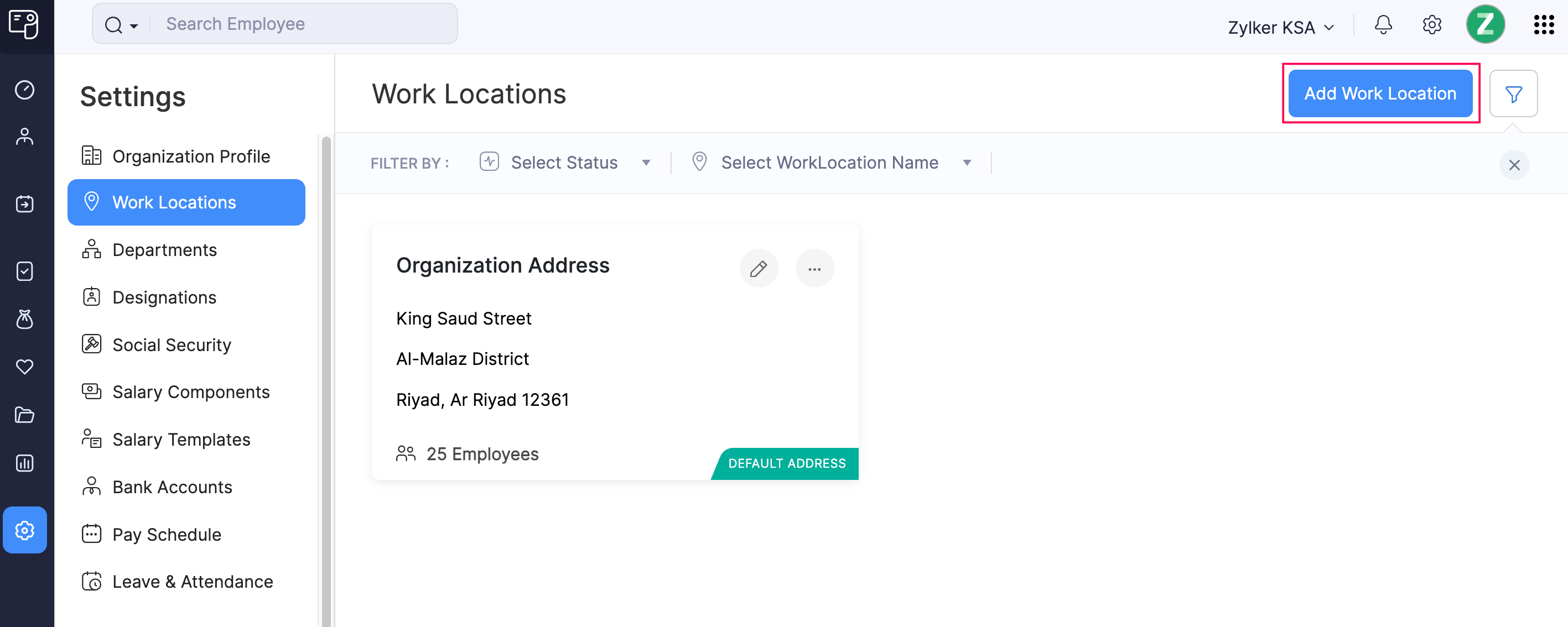 Add Work Location Button in Zoho Payroll’s Work Location Page