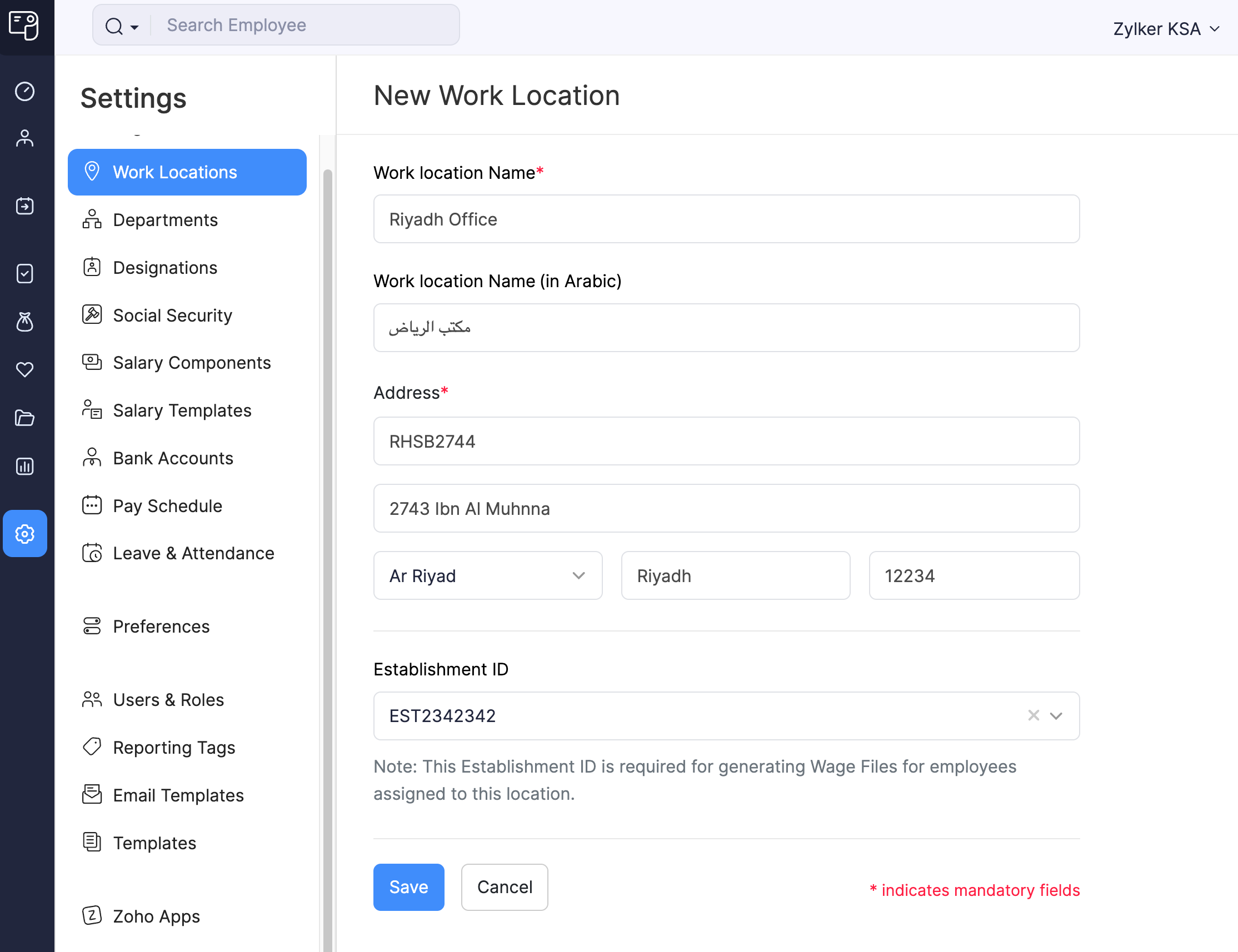 Add Work Location in Zoho Payroll