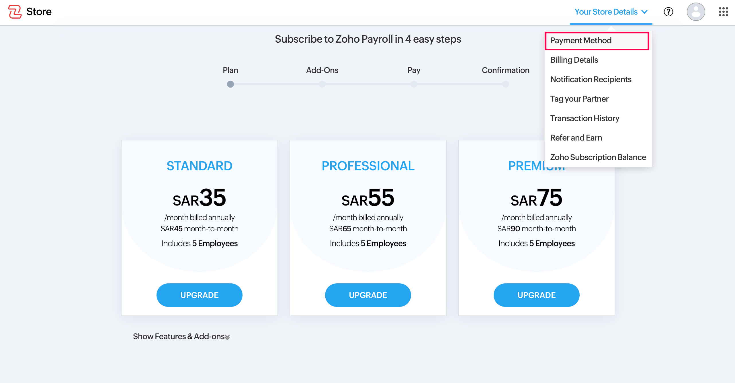 Payment Method Button Under Your Store Details in Zoho Payroll