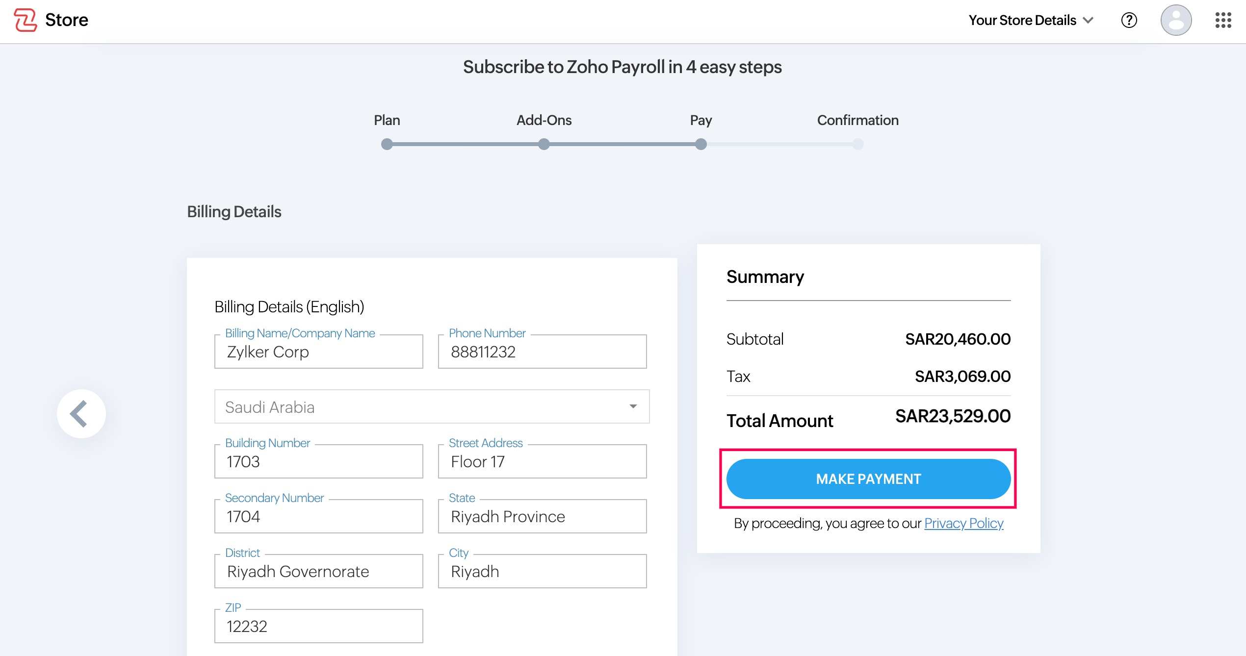 Click Make Payment to Complete Payment for Subscription