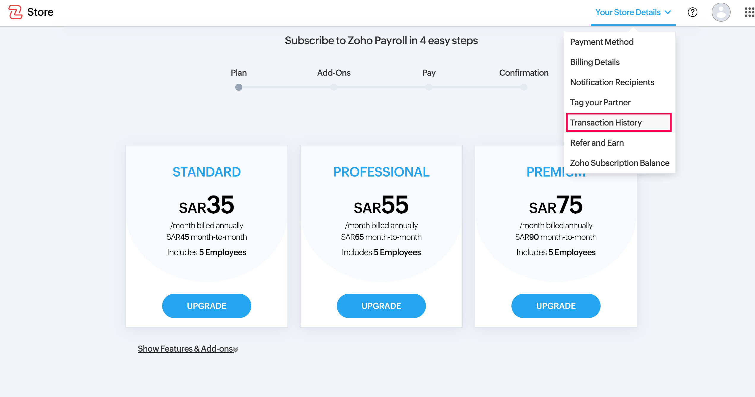 Payment History Button Under Your Store Details in Zoho Payroll