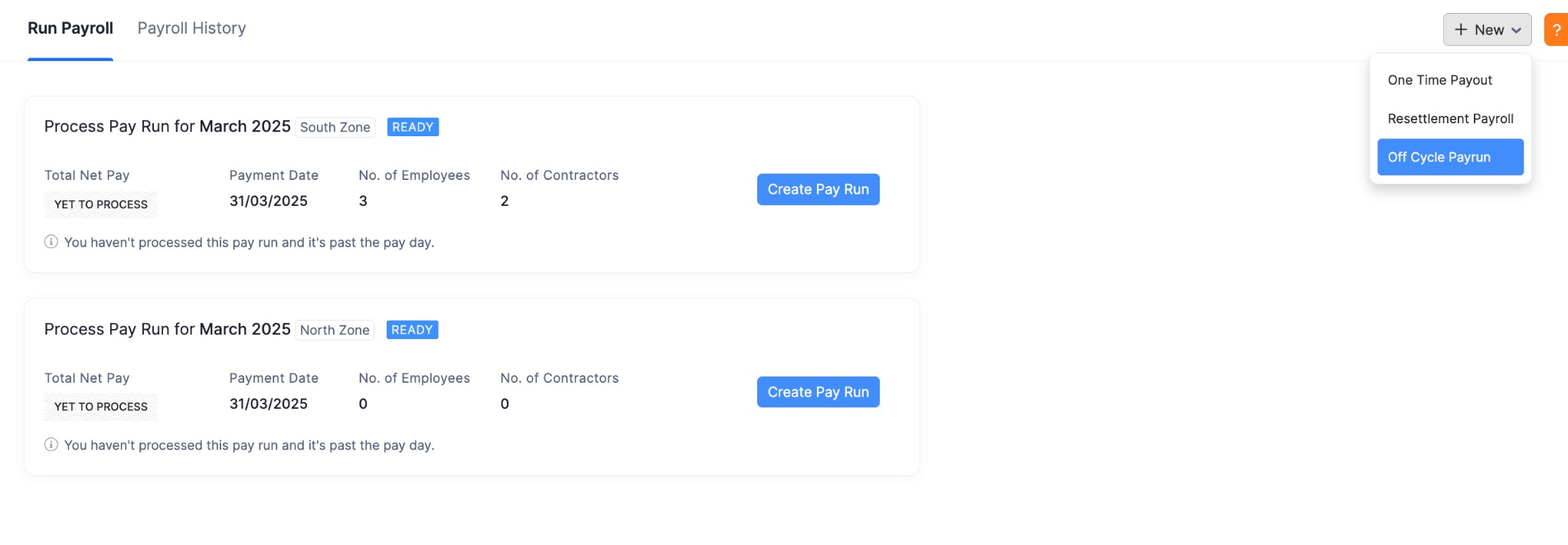 Pay Run New Dropdown