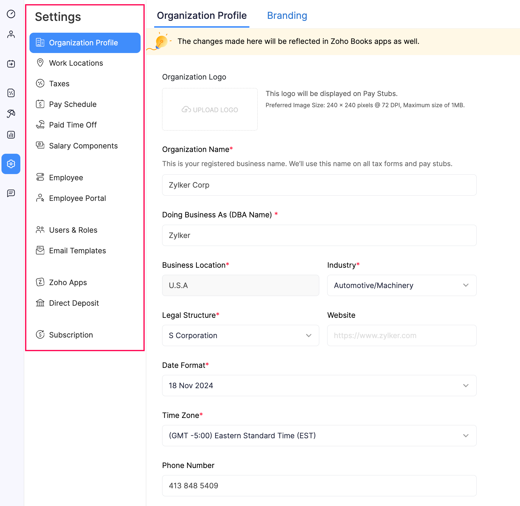 Settings in Zoho Payroll