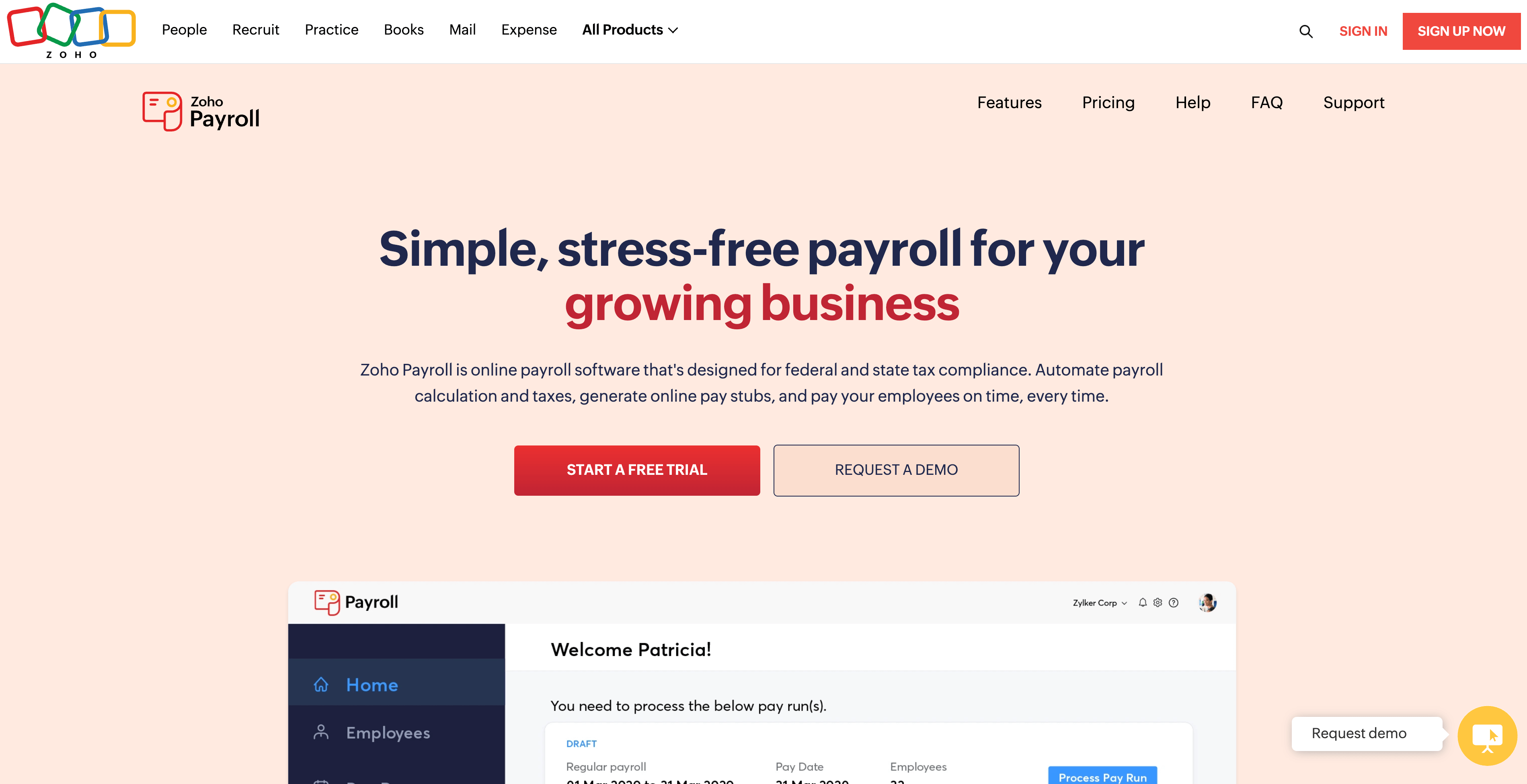 Sign Up or Start a Free Trial of Zoho Payroll