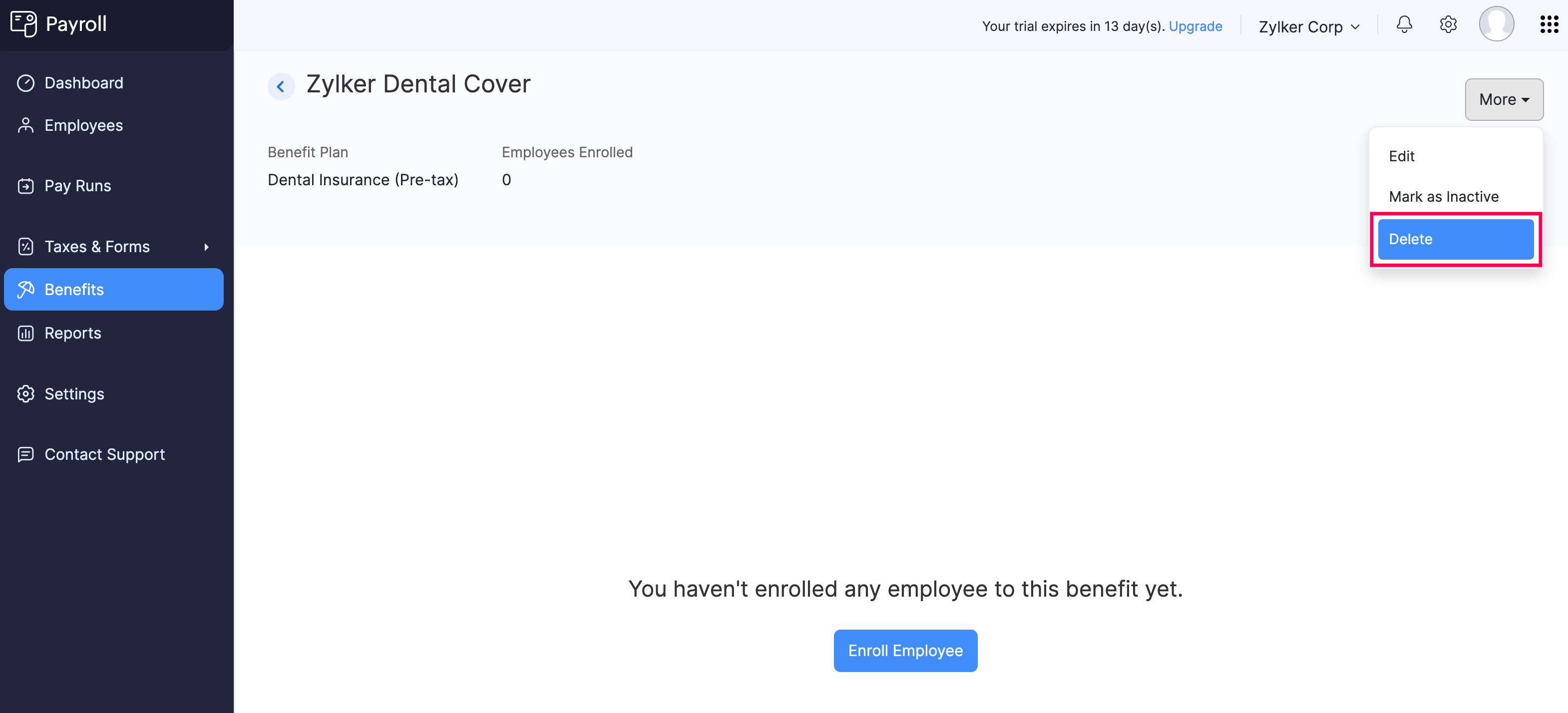 Delete a Benefit in Zoho Payroll