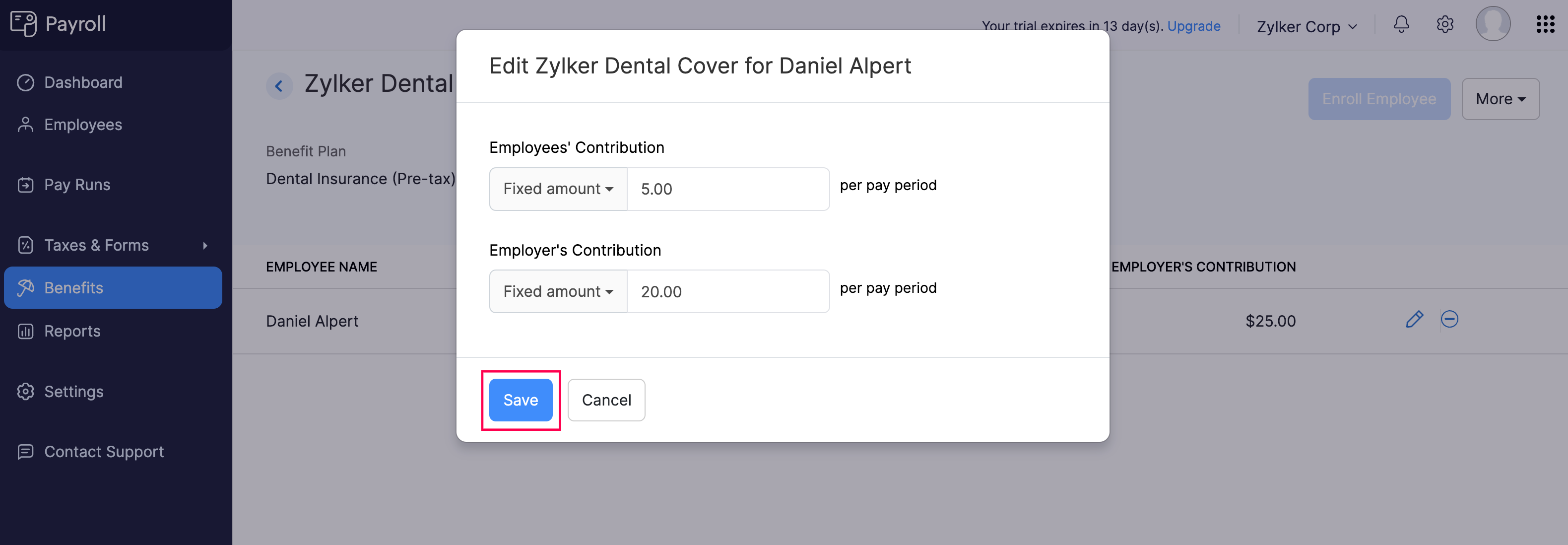 Update Benefit Contribution Amount