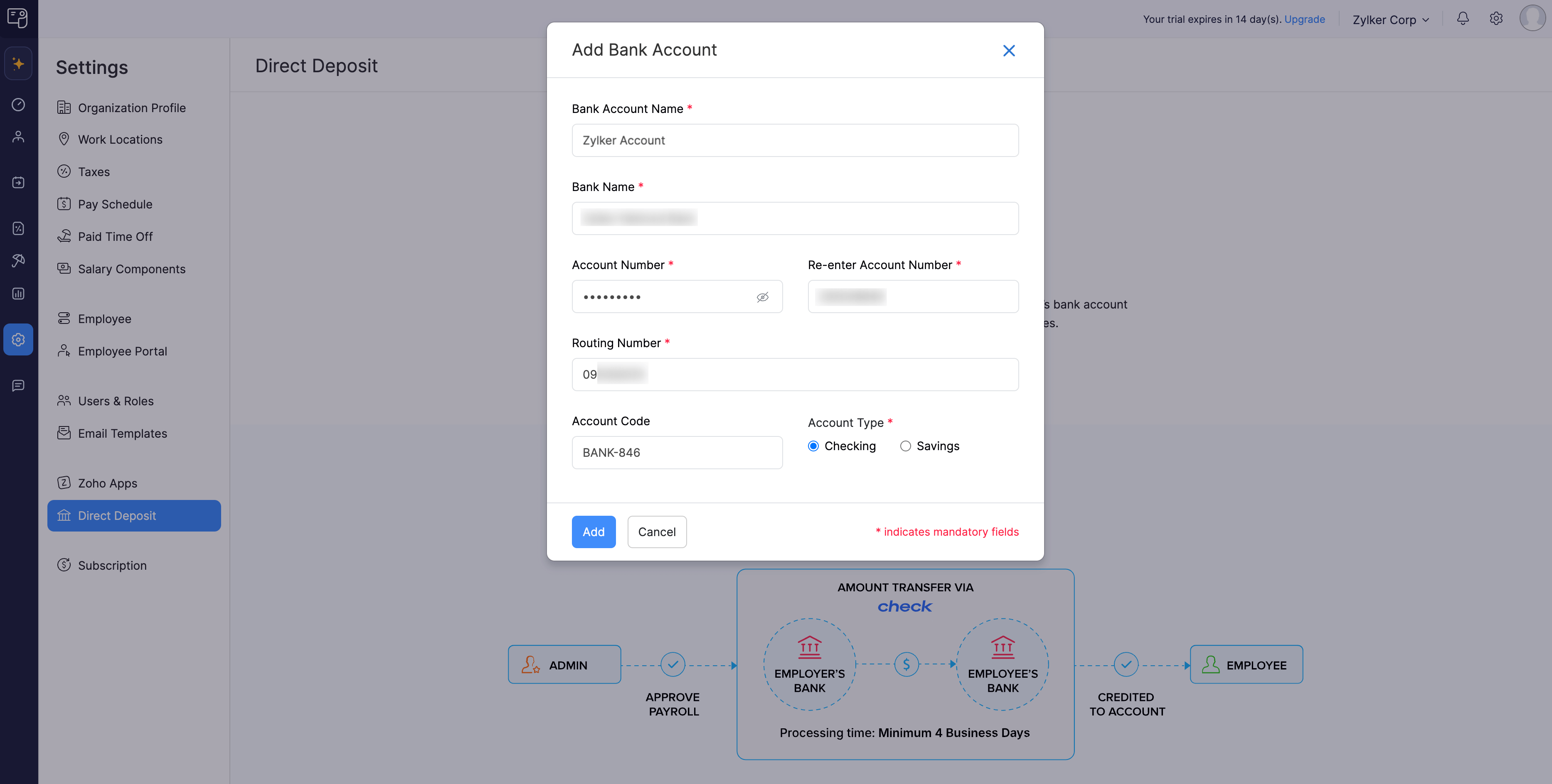 Add Bank Information to Configure Direct Deposit