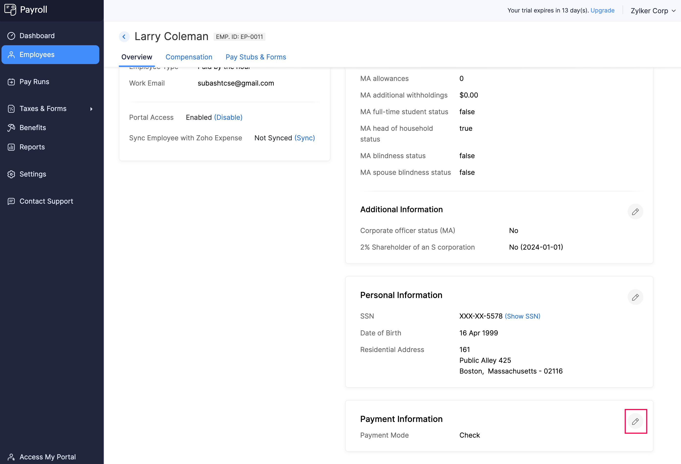 Edit Payment Information of Employees