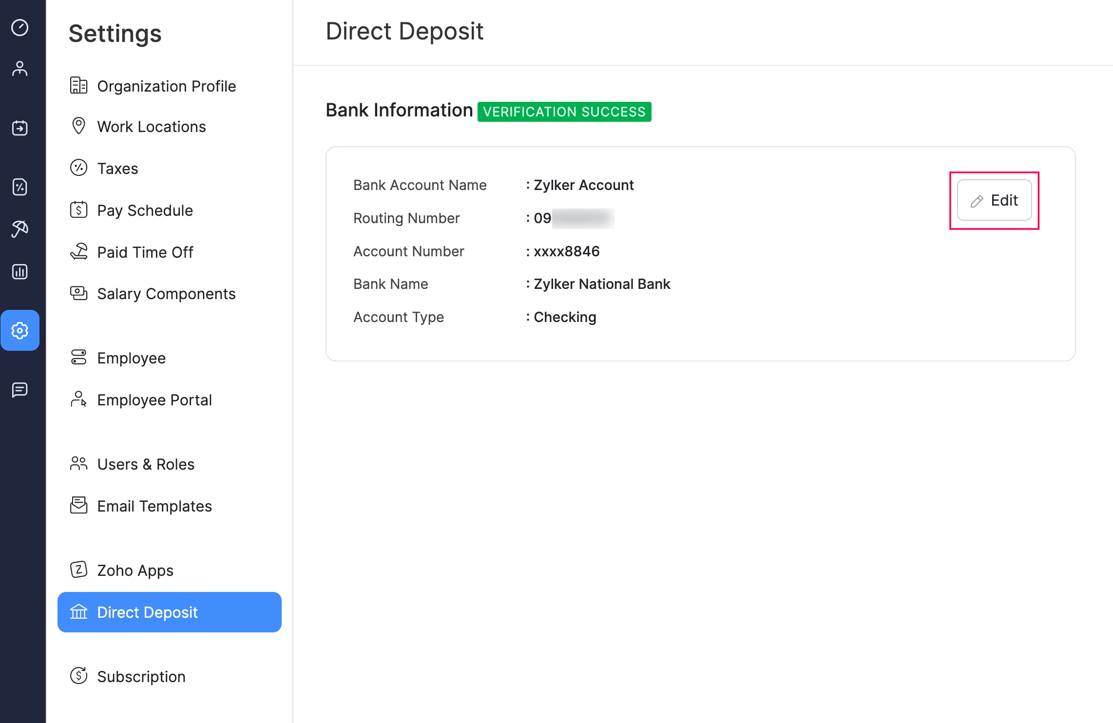 Update Bank Account Button for Direct Deposit