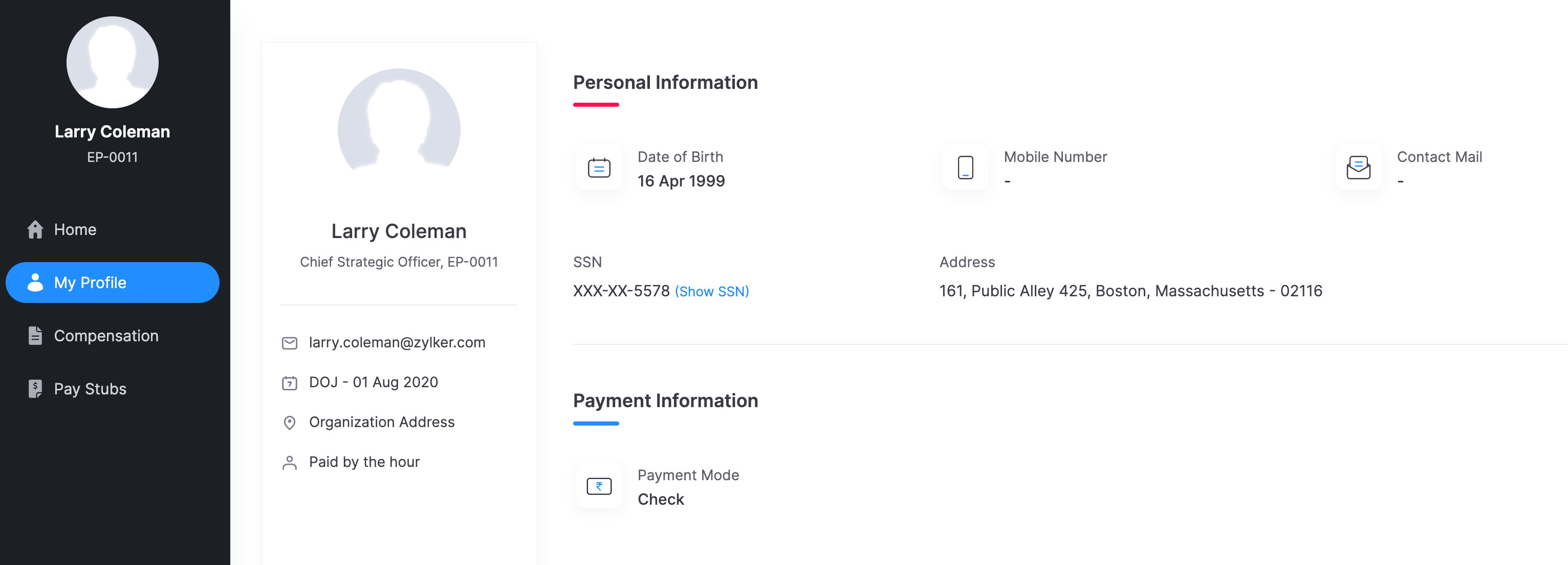 My Profile Module in Zoho Payroll’s Employee Portal