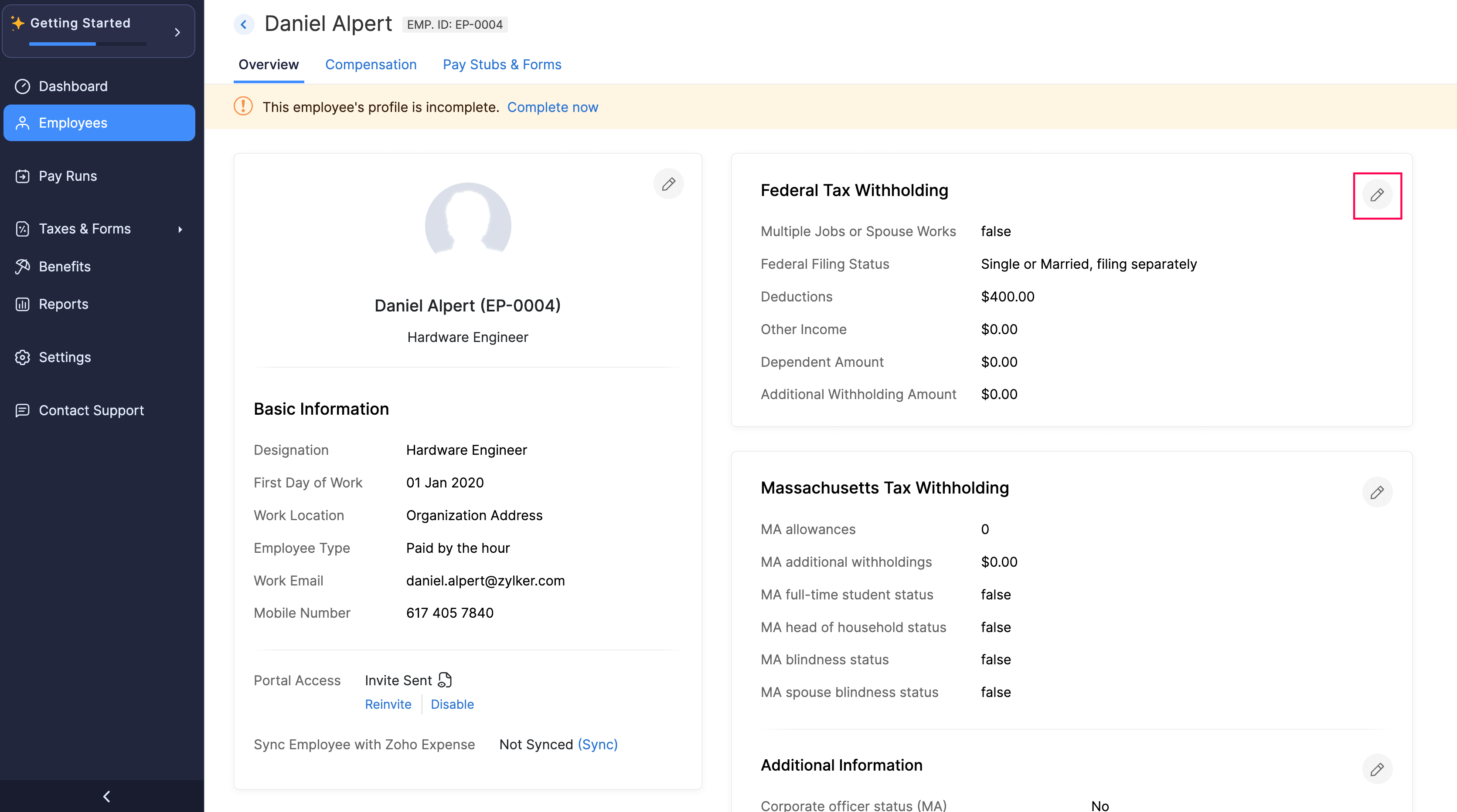 Click Edit Icon to Edit the Federal Details of an Employee