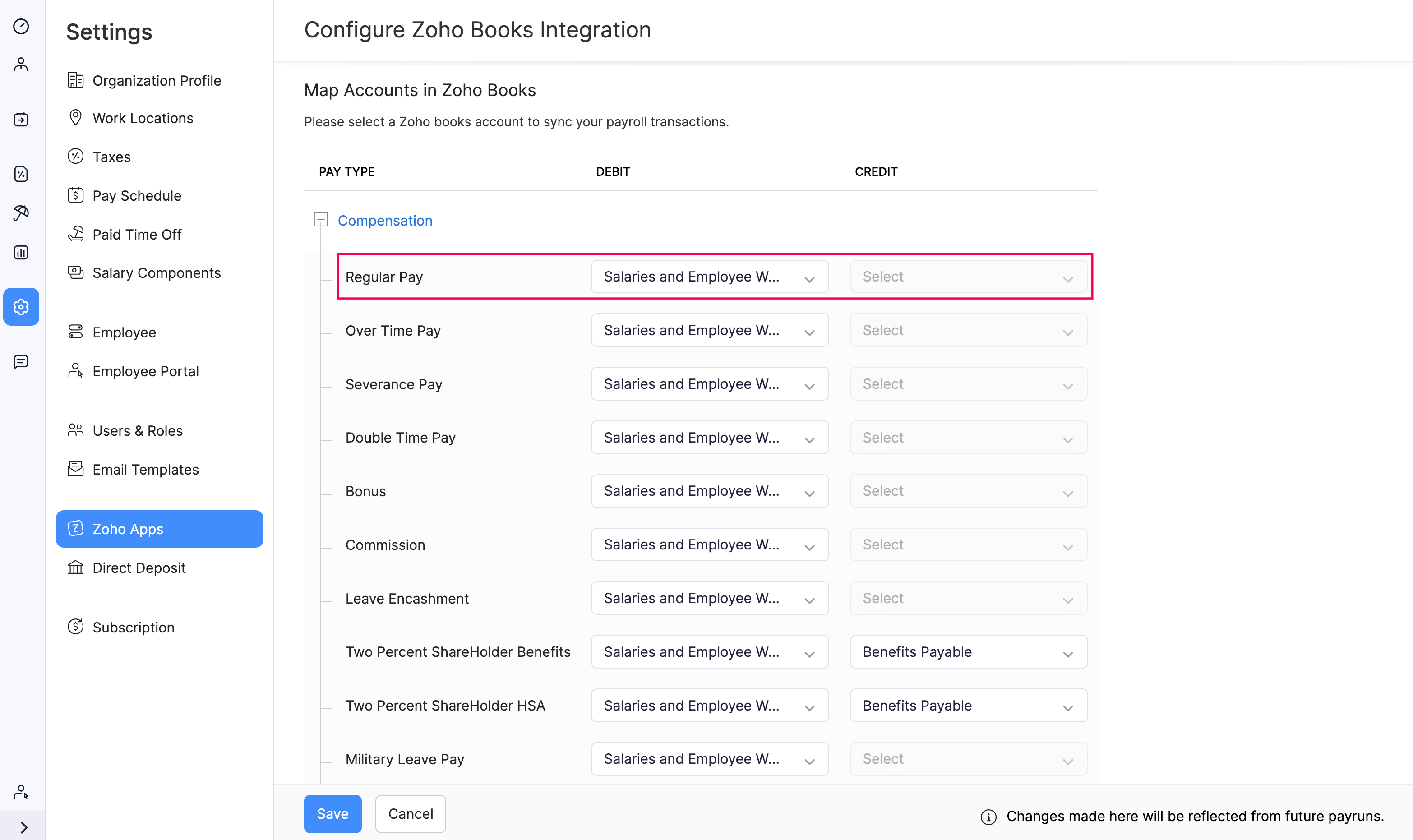 Map Accounts for the Zoho Payroll - Zoho Books Integration