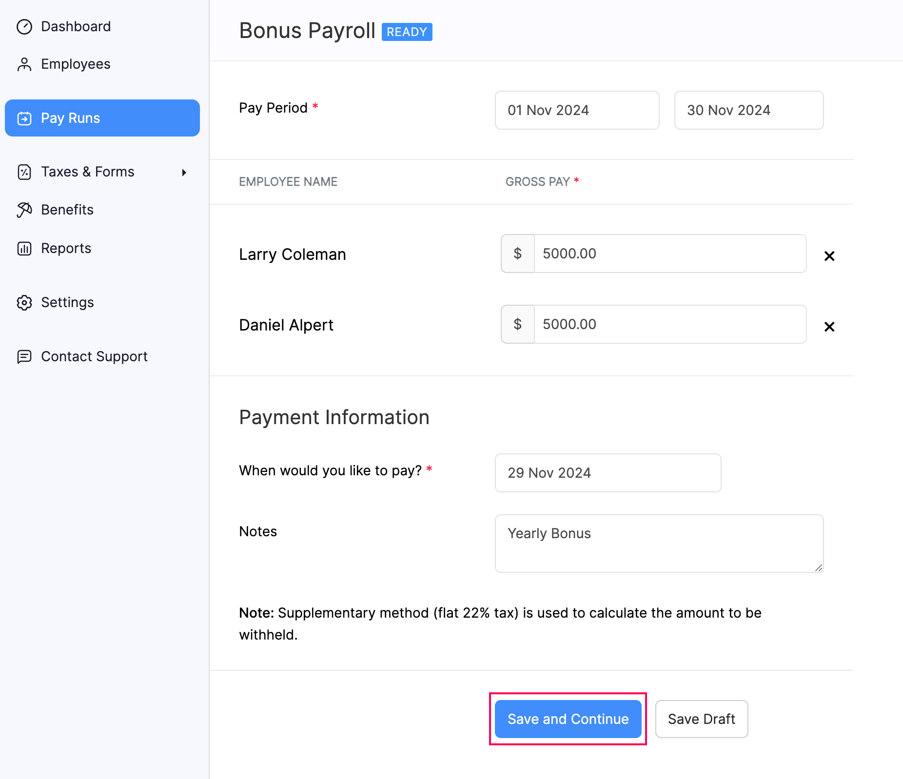 Bonus Payroll Creation Page