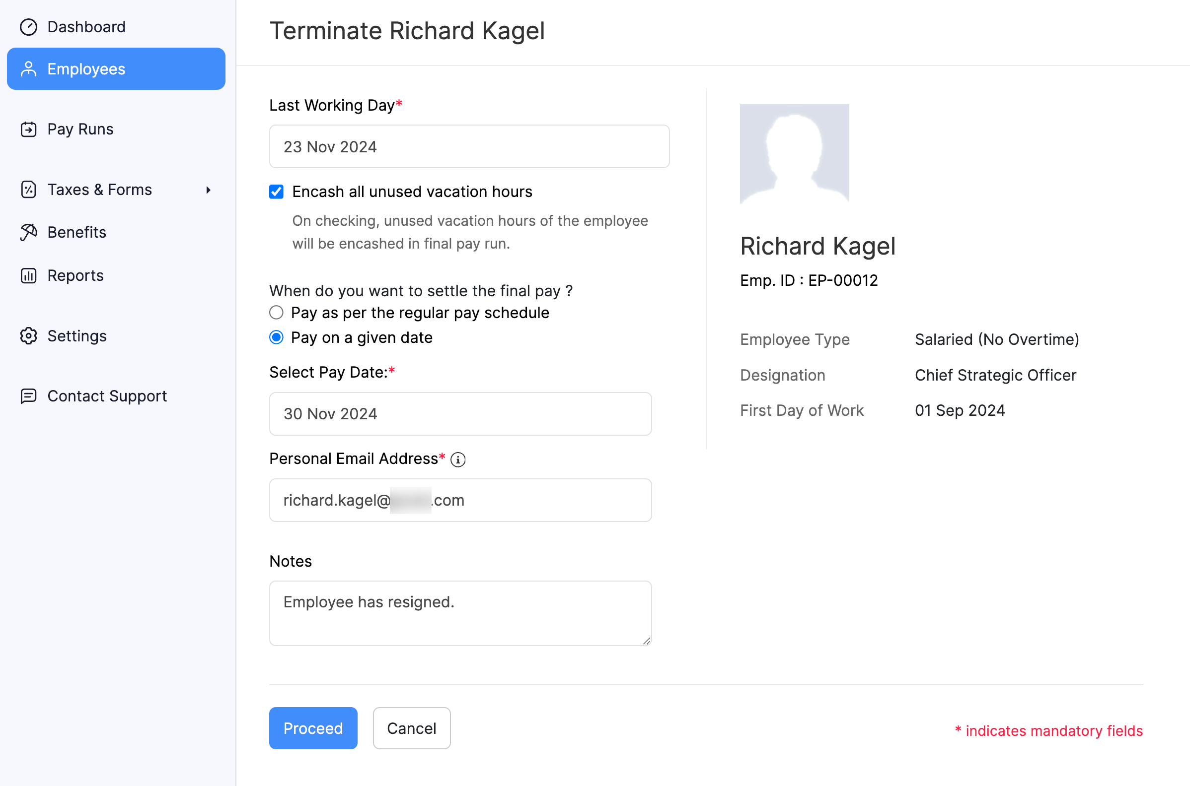 Proceed to Terminate an Employee in Zoho Payroll