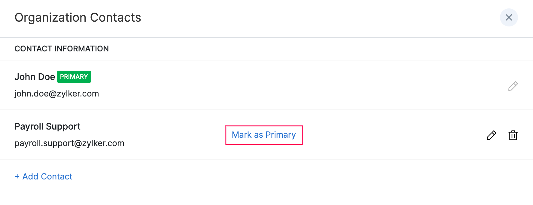 Mark a Contact as Primary to Set it as Primary Contact