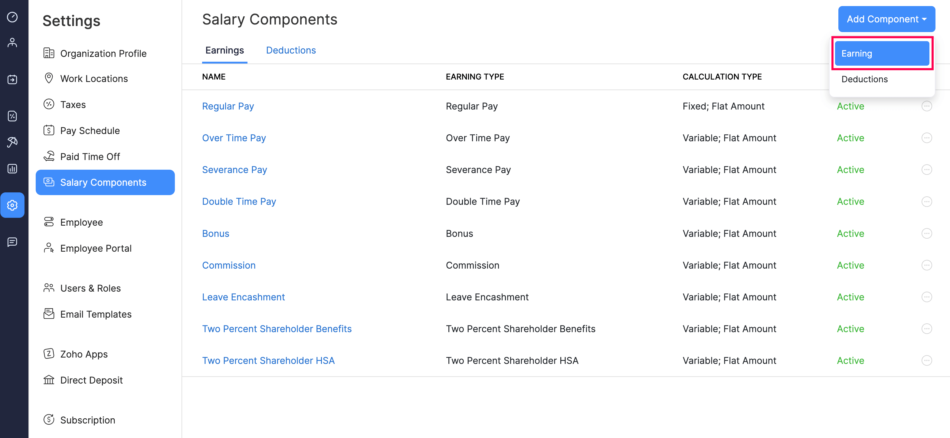 Add Earnings Button in Zoho Payroll